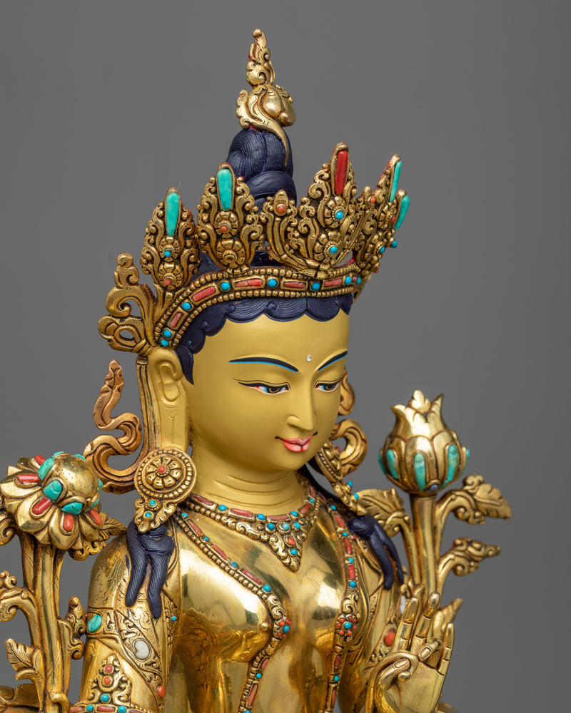Exquisite Green Tara Premium Idol with Gemstones | A Symbol of Active Compassion