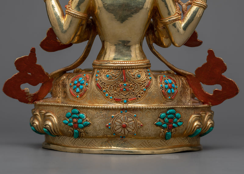 Divine 4-Arm Chenrezig Gold Gilded Statue | Embodiment of Compassion