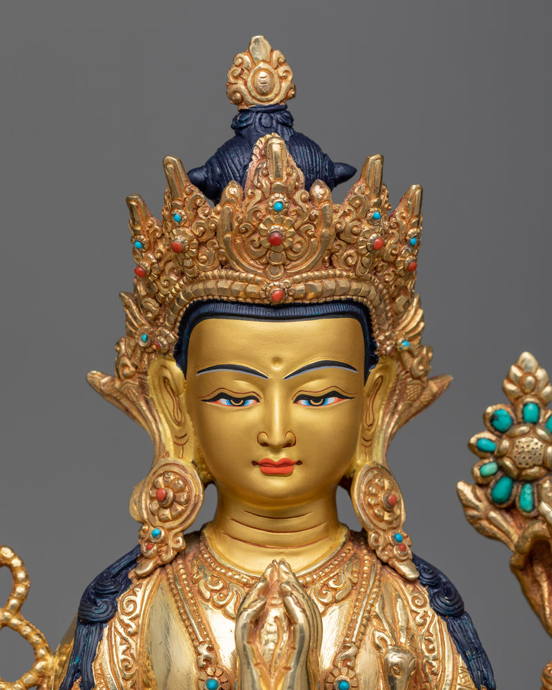 Divine 4-Arm Chenrezig Gold Gilded Statue | Embodiment of Compassion