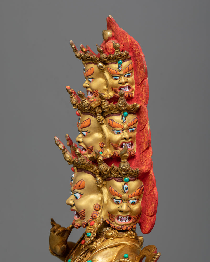 Divine Protectors of Dharma: Ekajati, Rahula, and Dorje Legpa Statue Set | Exquisitely Gold Gilded