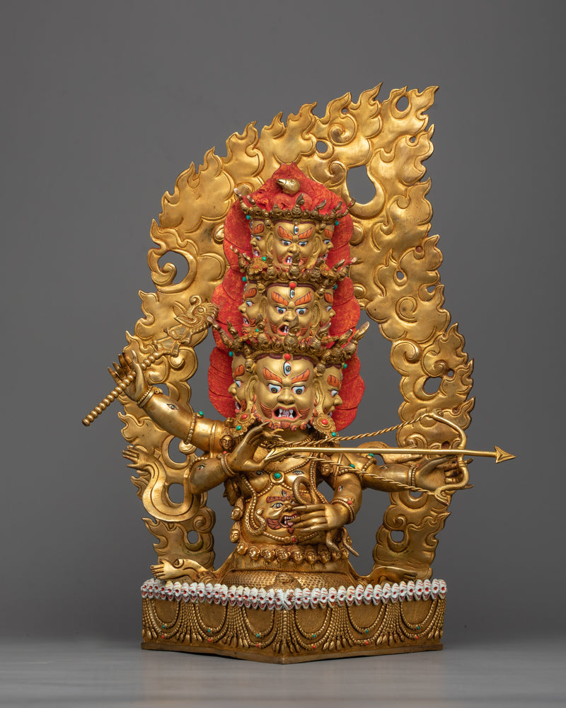Divine Protectors of Dharma: Ekajati, Rahula, and Dorje Legpa Statue Set | Exquisitely Gold Gilded