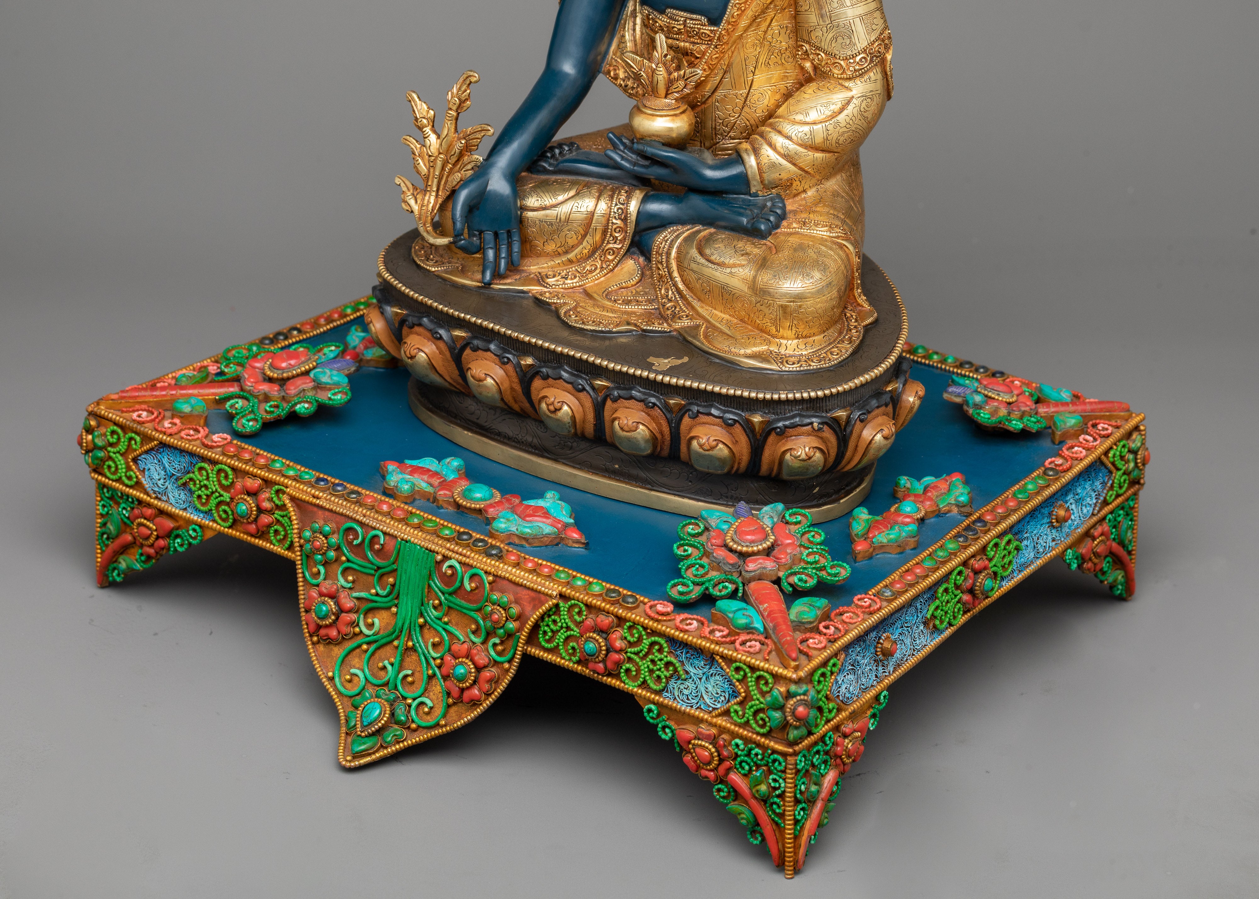 Blue Medicine Buddha: The Healing Master | Exquisite Bhaisajyaguru on Throne Statue