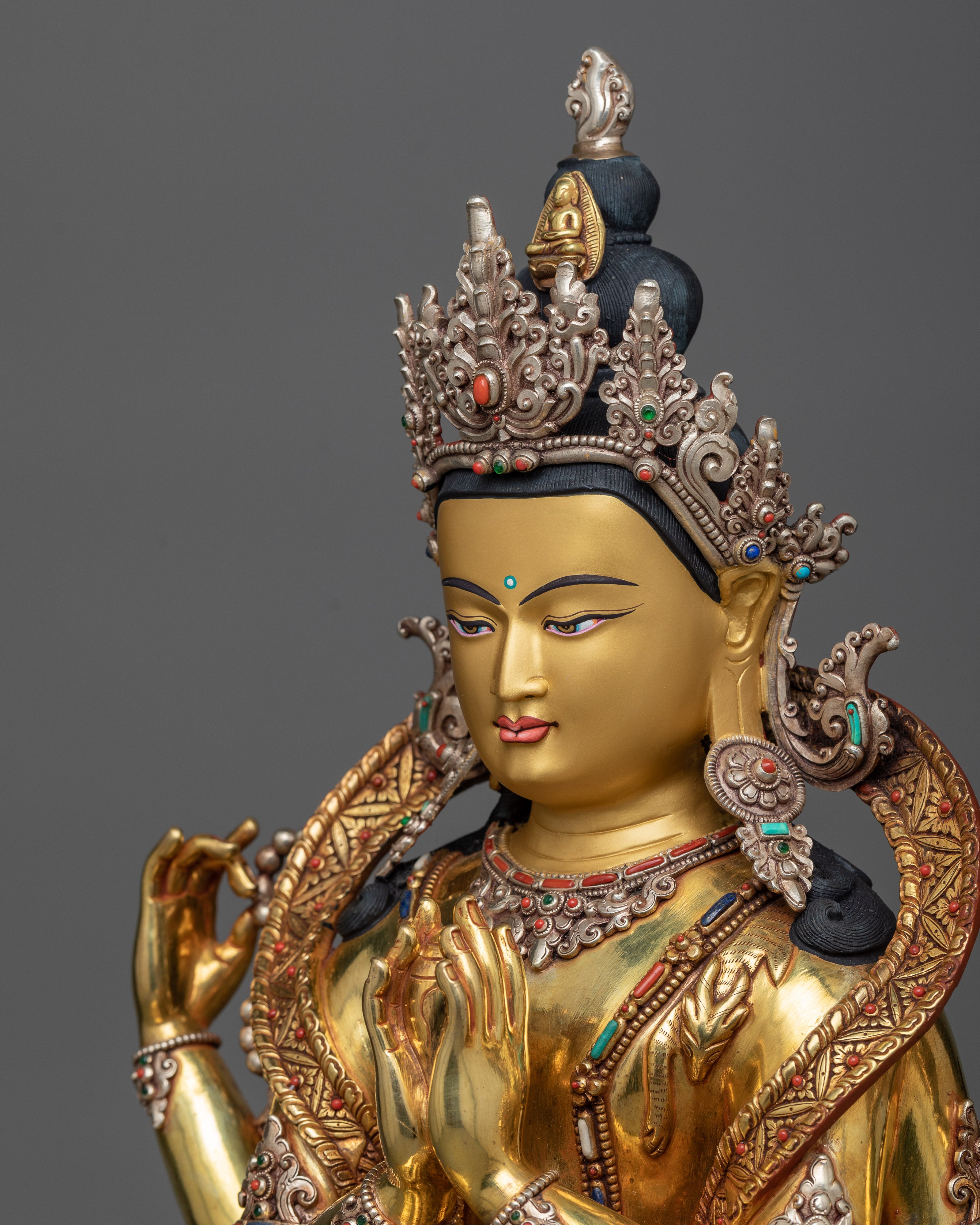 4-Armed Bodhisattva Chenrezig | Triple-Layered Gold Coated Splendor