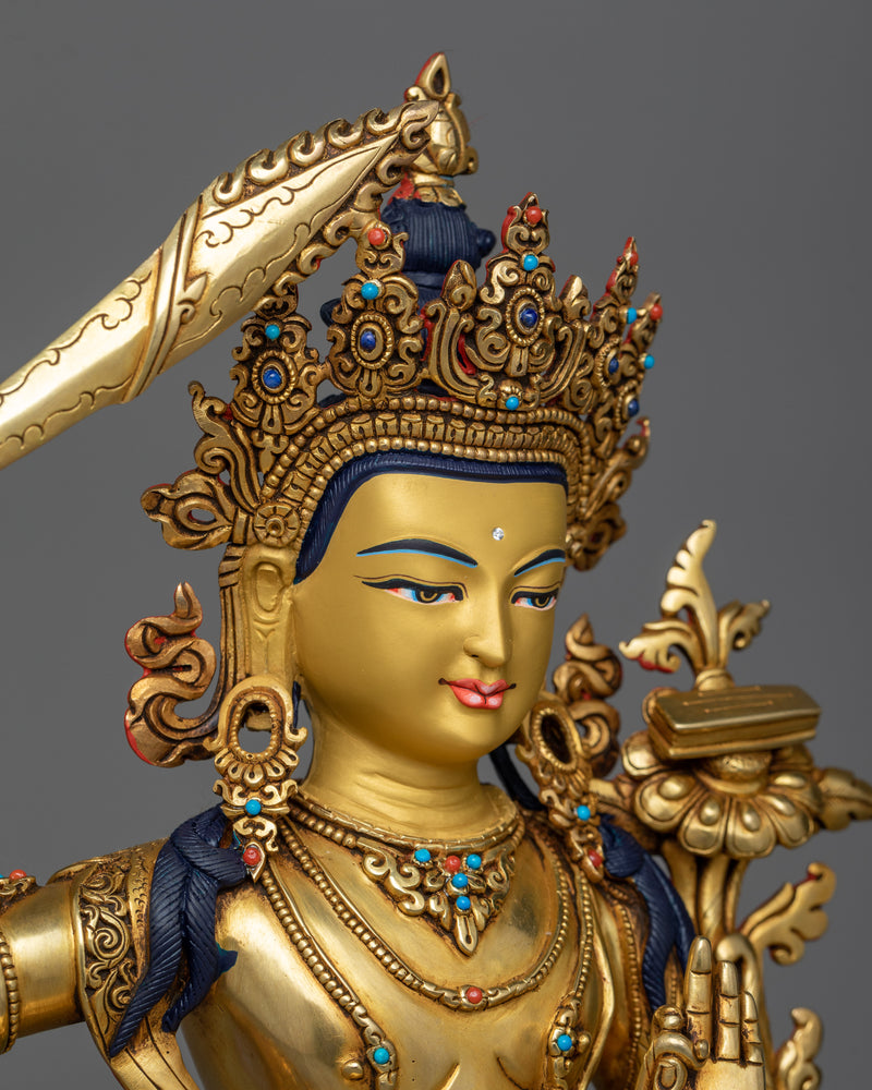 Wisdom Deity Copper Sculpture | Gold Gilded Statue of Manjushri