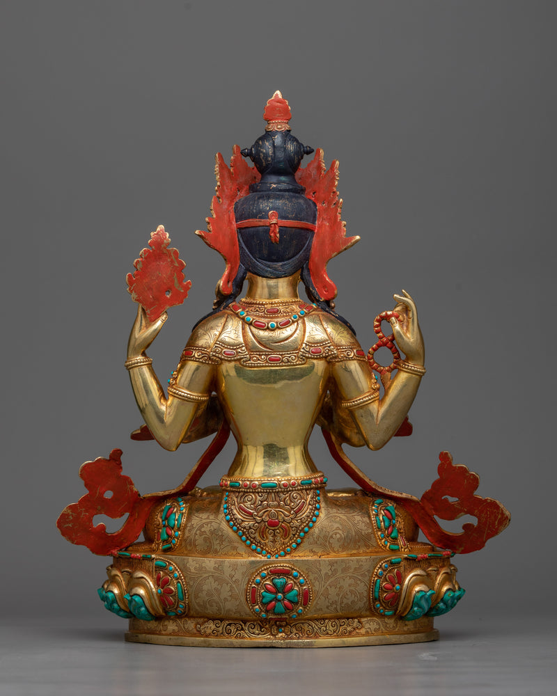 4-Armed Bodhisattva Chenrezig Idol | A Artwork of Compassion in 24K Gold
