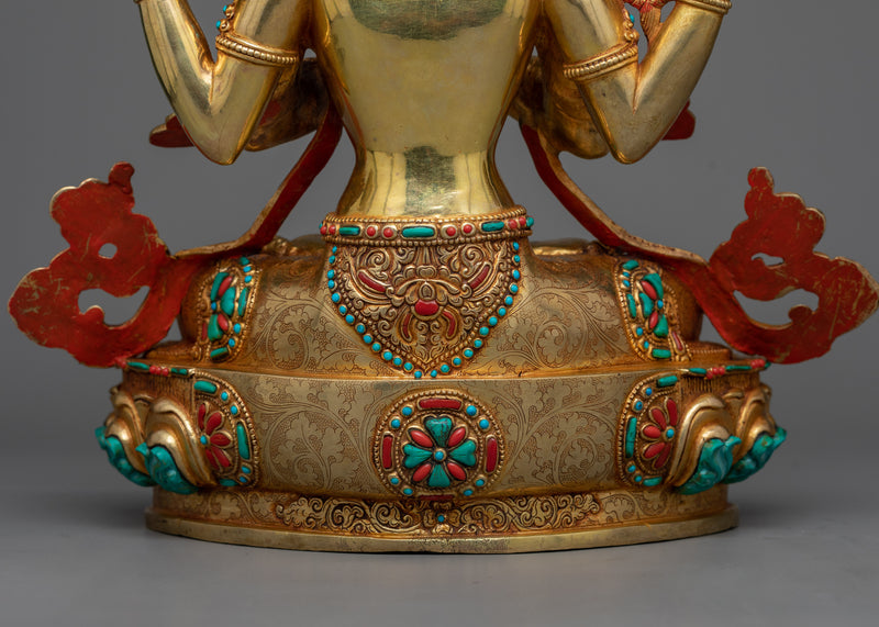 4-Armed Bodhisattva Chenrezig Idol | A Artwork of Compassion in 24K Gold