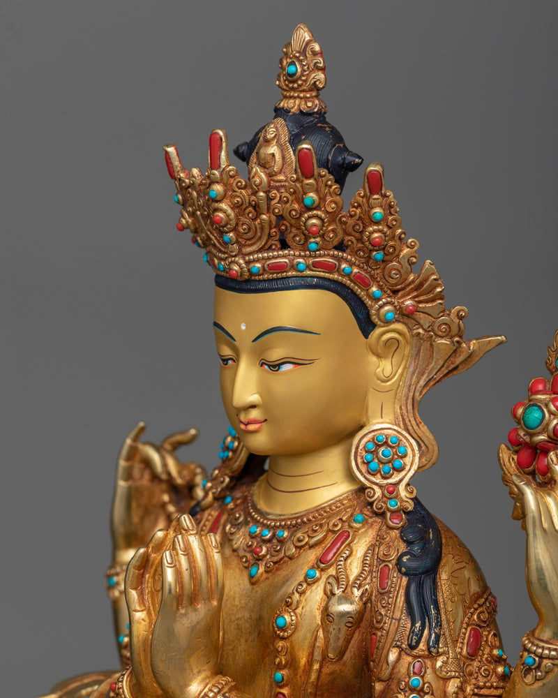 4-Armed Bodhisattva Chenrezig Idol | A Artwork of Compassion in 24K Gold