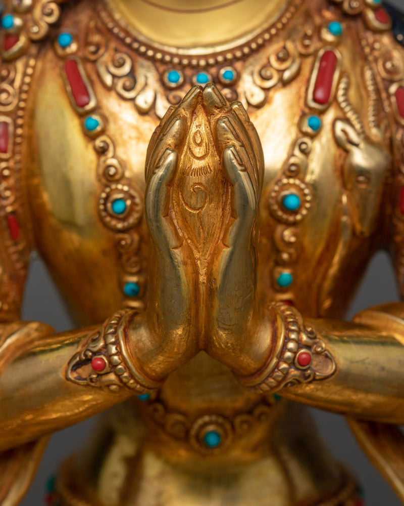 4-Armed Bodhisattva Chenrezig Idol | A Artwork of Compassion in 24K Gold