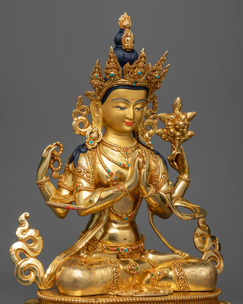 4-Arm Chenrezig Bodhisattva in 24K Gold | Embodiment of Compassion