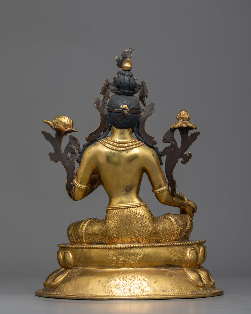 Copper Green Tara Sculpture Adorned in 24K Gold | Nepalese Hand-crafted Art