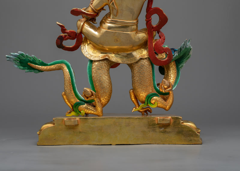 White Dzambhala on Dragon Sculpture in 24K Gold | Wealth and Purity
