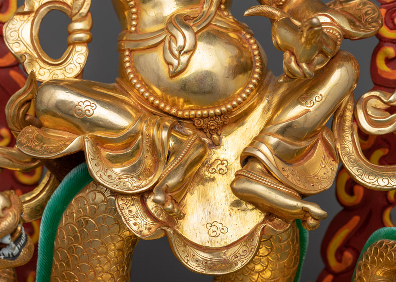 White Dzambhala on Dragon Sculpture in 24K Gold | Wealth and Purity