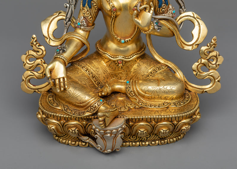 Beautiful Statue of Green Tara | Protector in Lustrous Gold & Silver