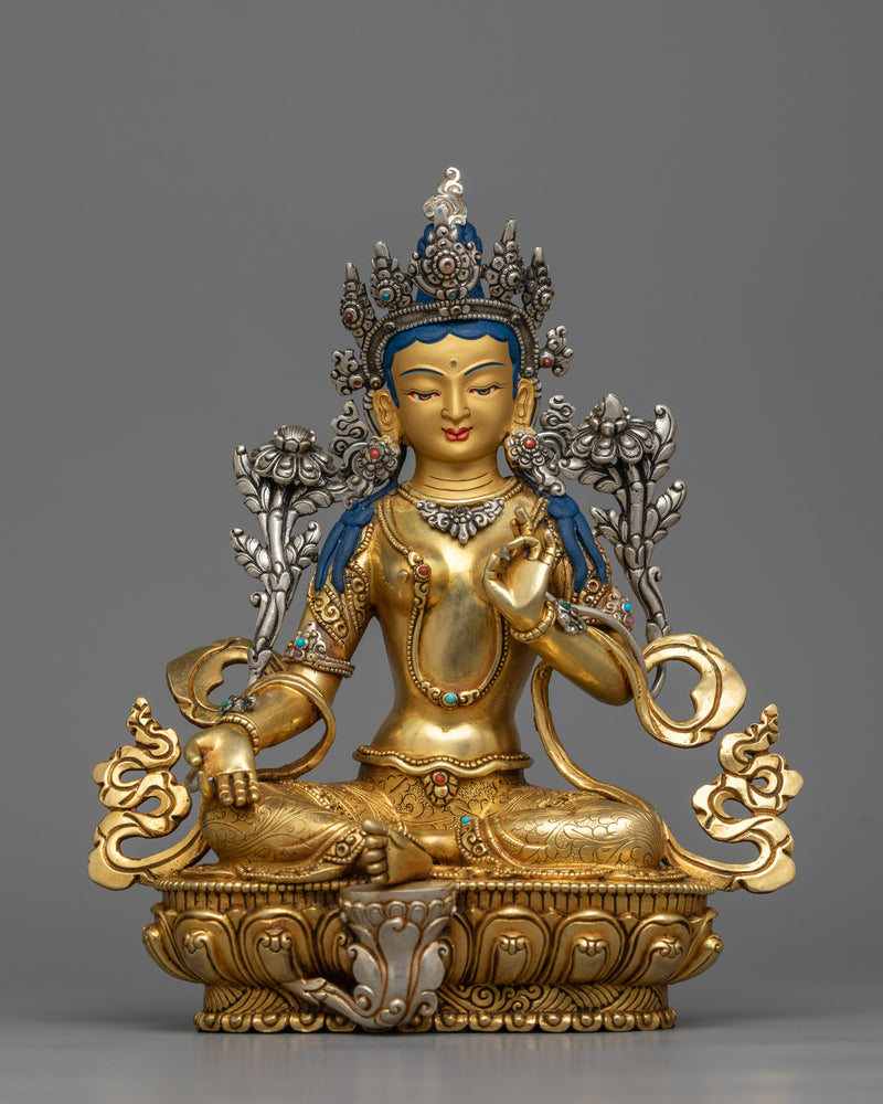 Beautiful Statue of Green Tara | Protector in Lustrous Gold & Silver