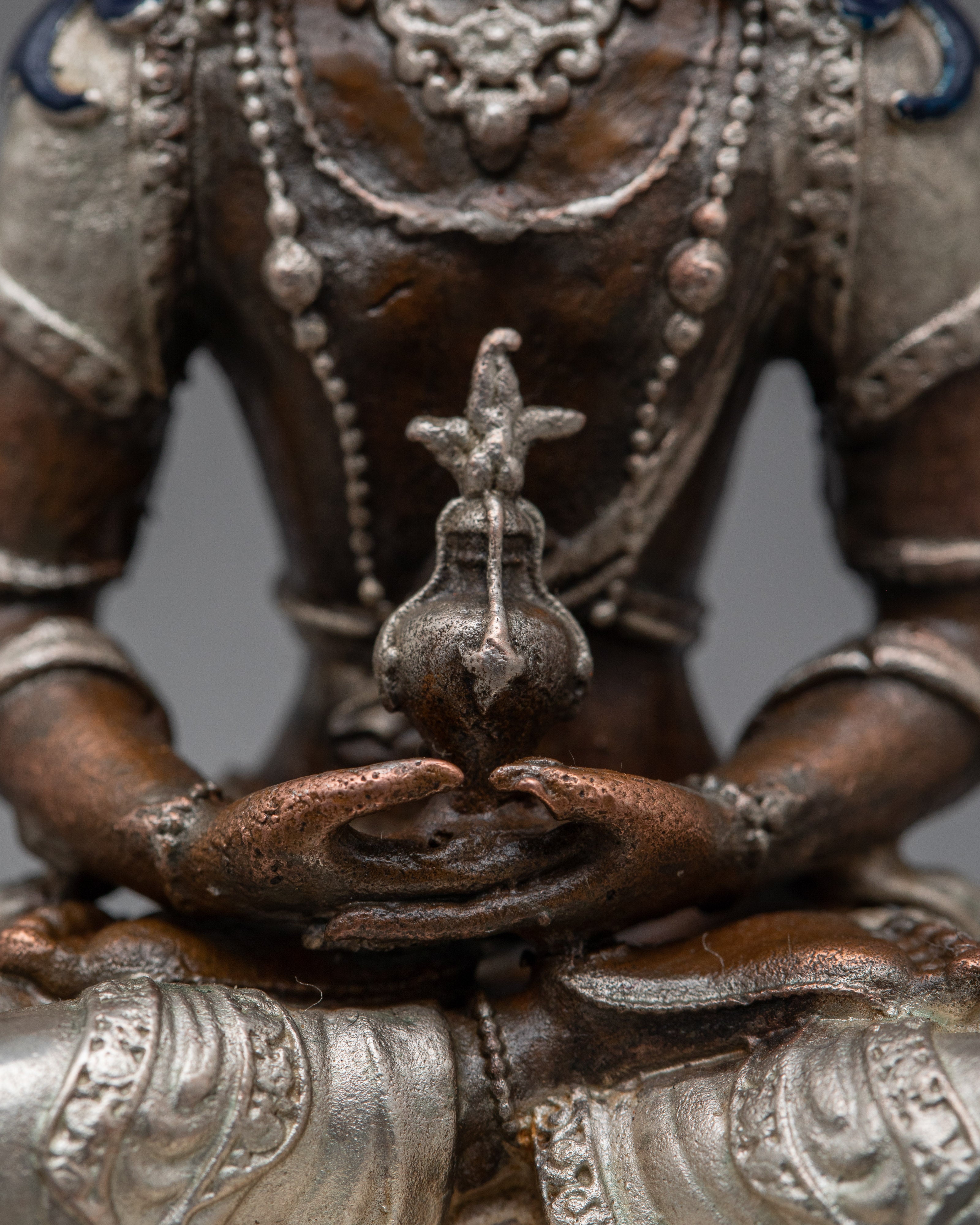 Machine-Made Amitayus Statue | Silver-Plated Oxidized Copper
