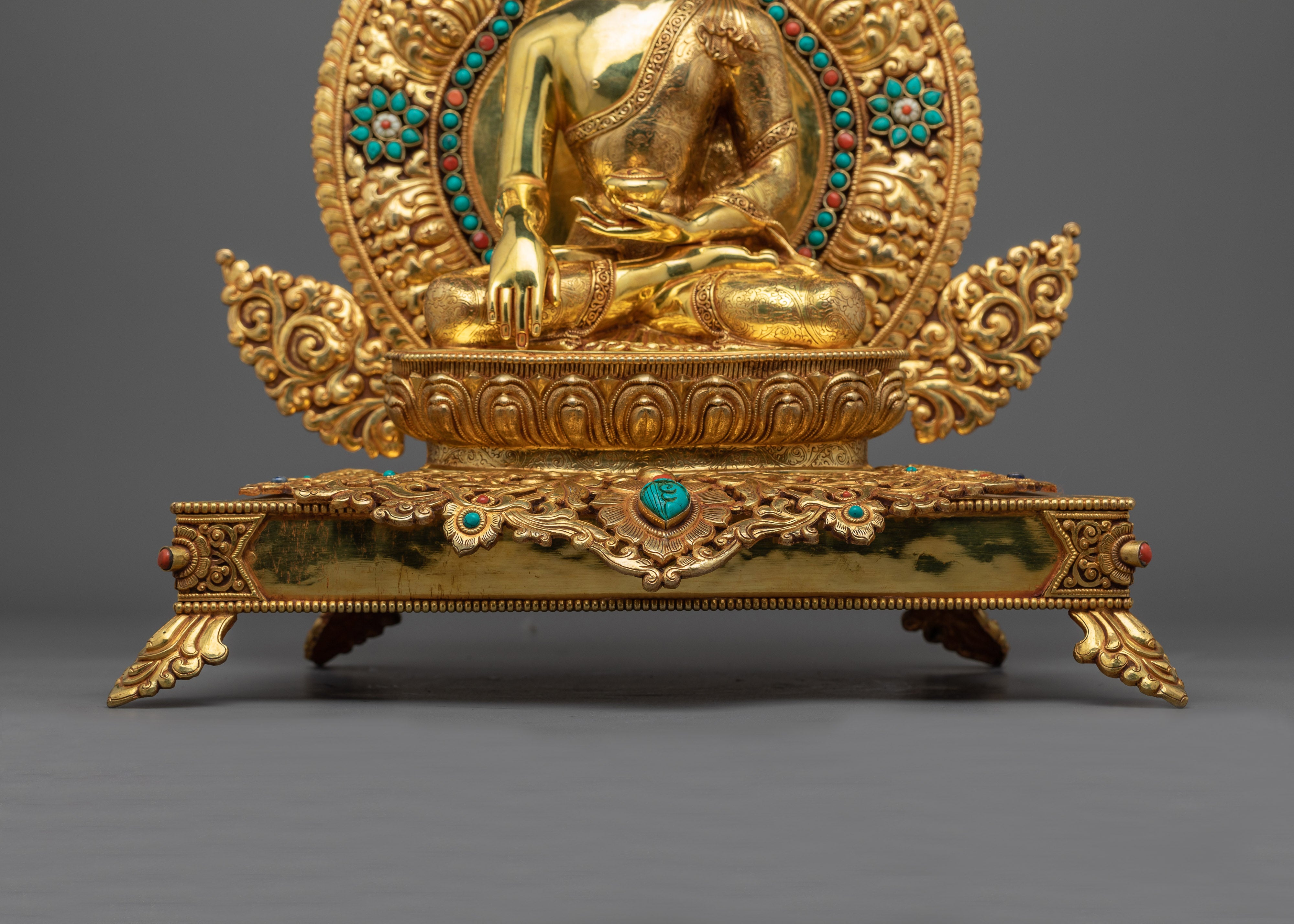 Shakyamuni Buddha Sculpture on an Ornate Throne | Majestic Triple-Layered 24K Gold-Gilded