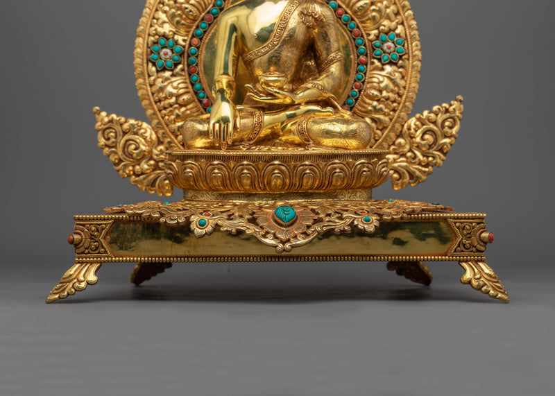 Shakyamuni Buddha Sculpture on an Ornate Throne | Majestic Triple-Layered 24K Gold-Gilded