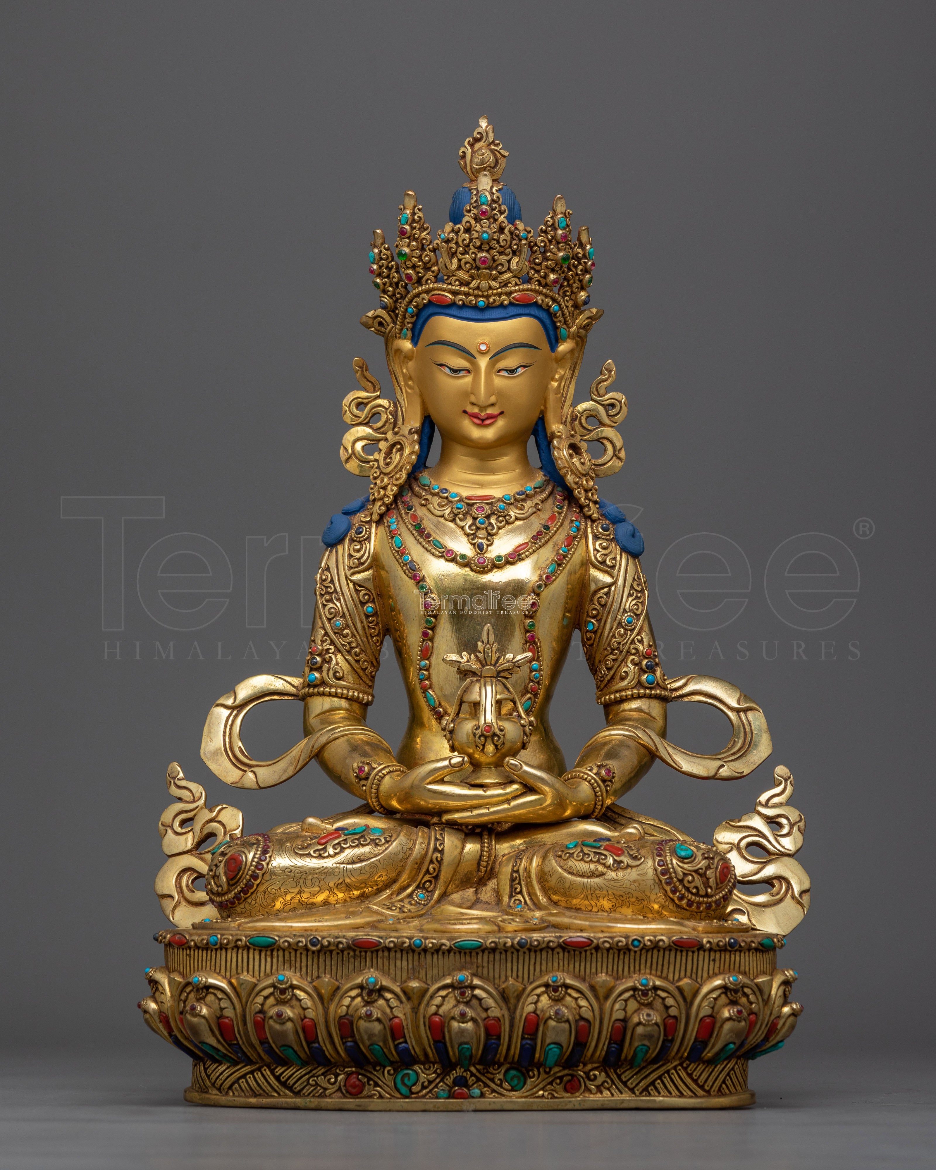 Adorned with Gemstone Amitayus Statue | Buddhist Sculpture of Longevity Deity