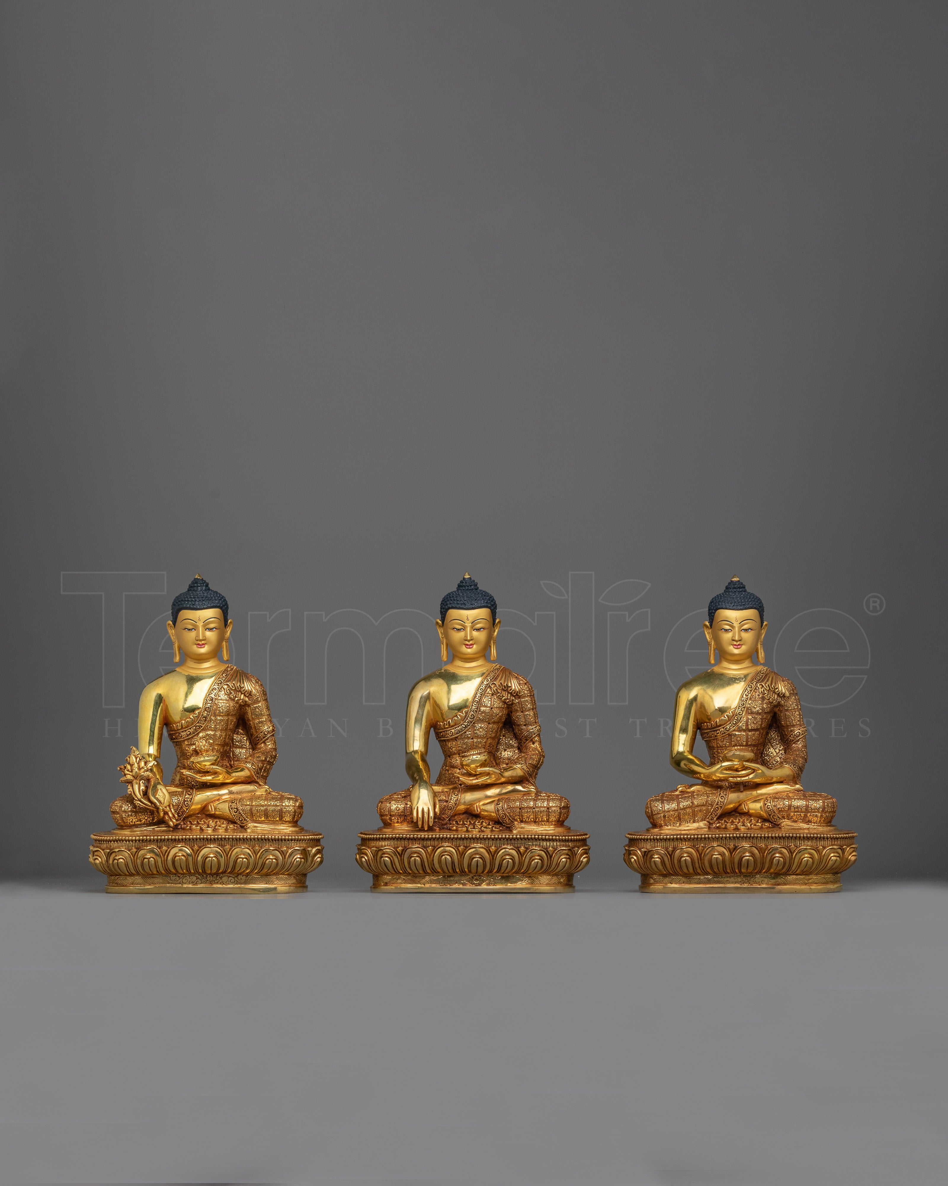 Trio Buddha Set Gold-Gilded Statue | Embodiment of Enlightenment and Healing