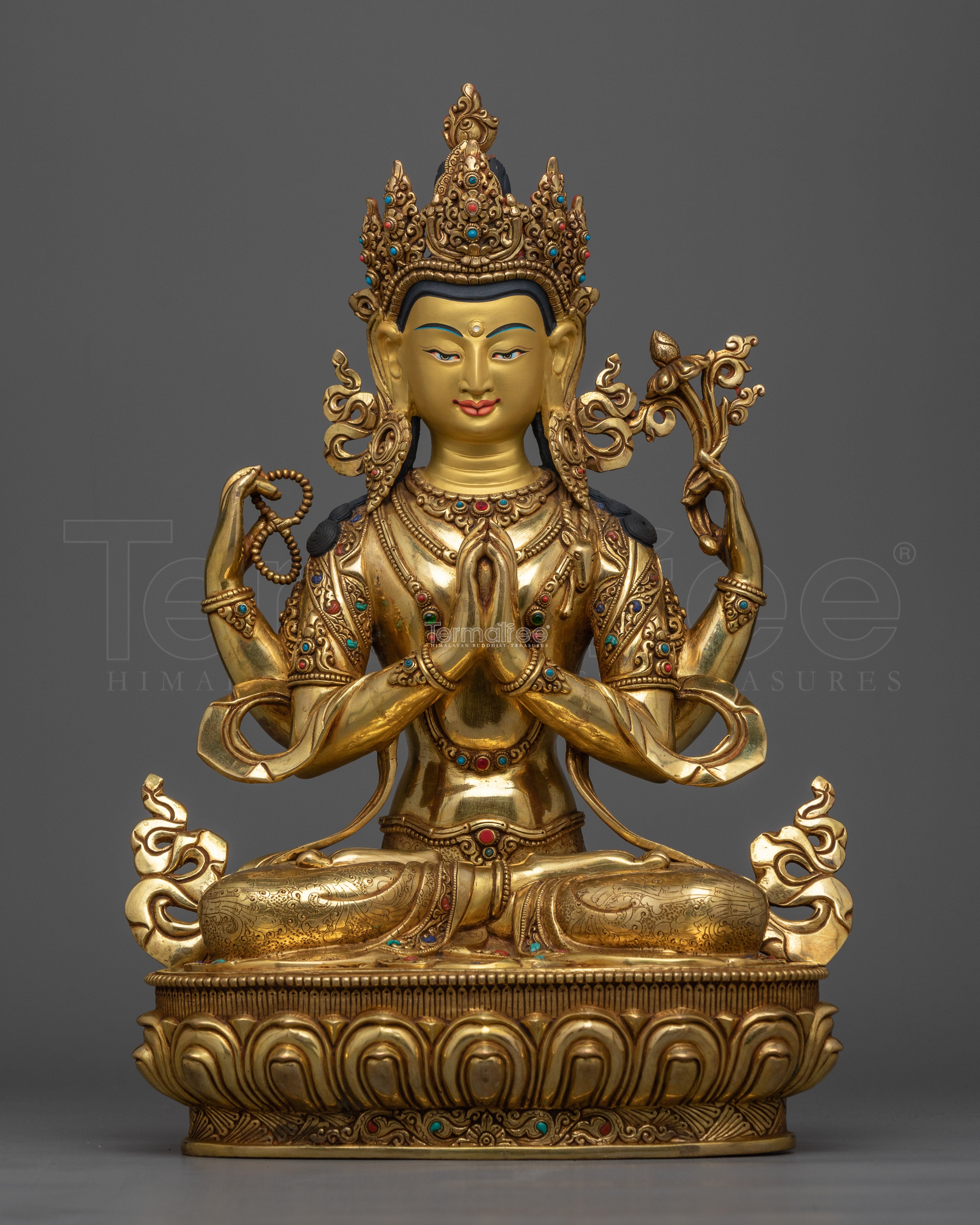 Serene Chenrezig Gold-Gilded Statue | Embodiment of Compassion