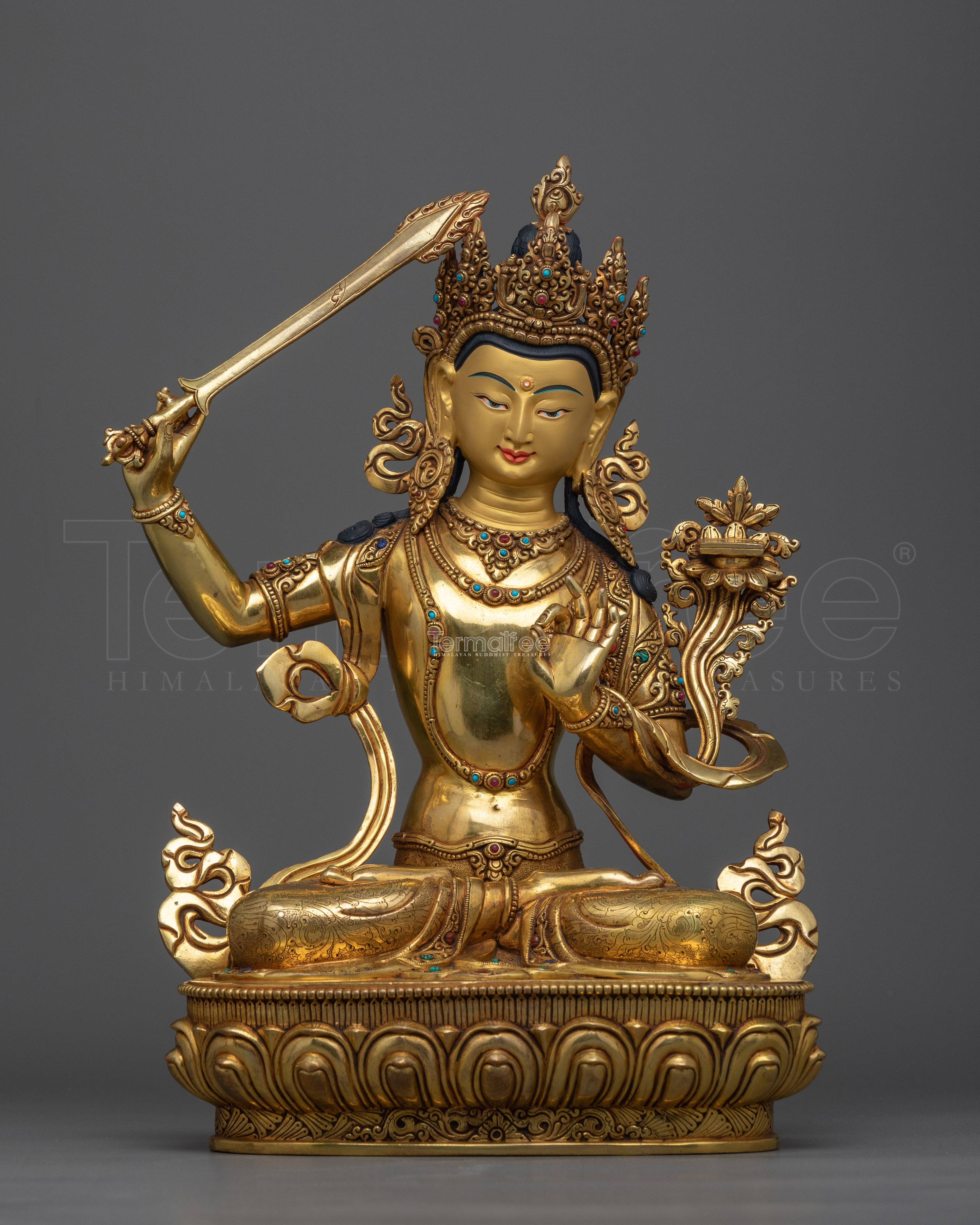 Elegant Gold Gilded Manjushri 36cm Statue | Handcrafted Symbol of Wisdom