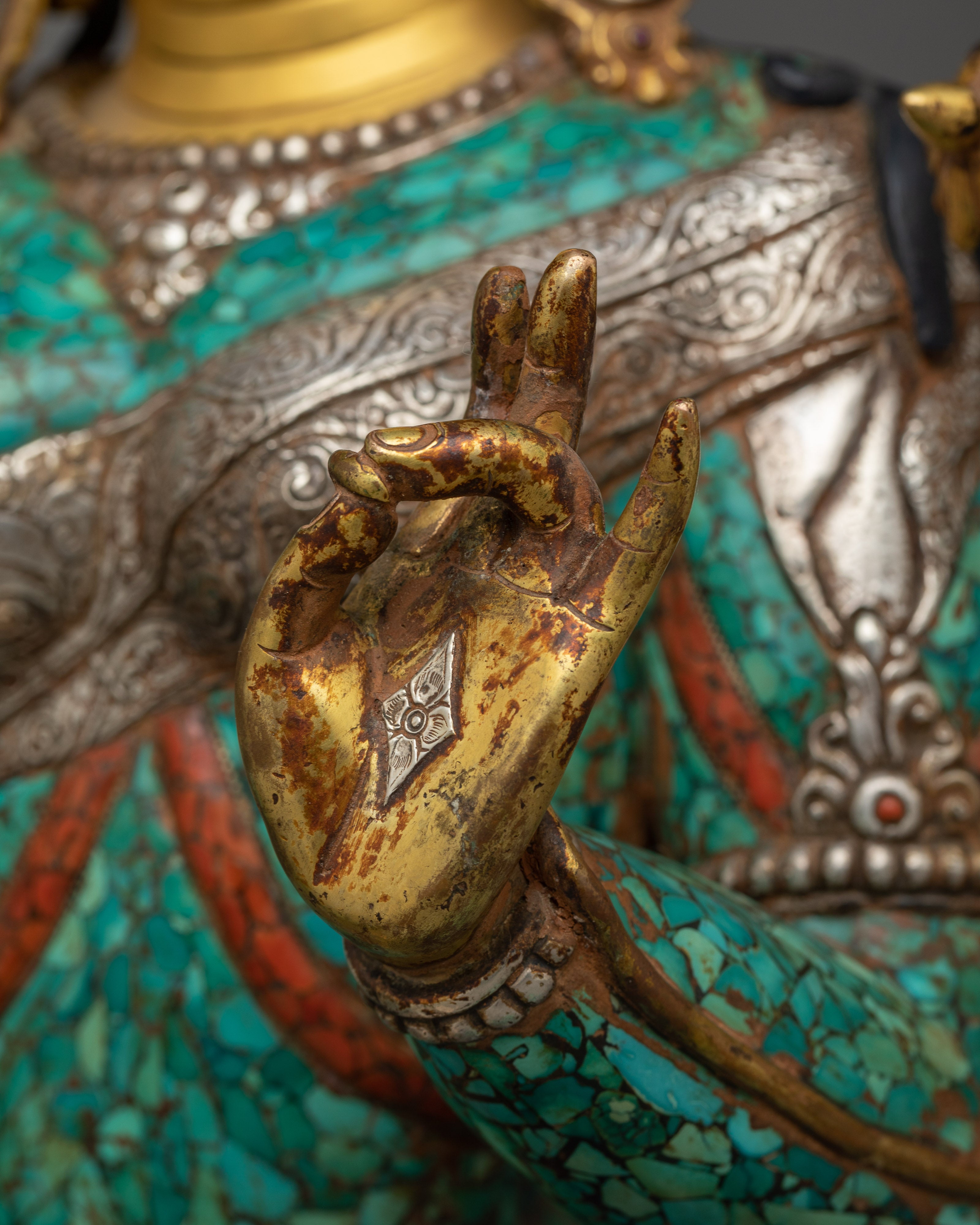 Green Tara Turquoise and Lapis Decorated Statue | A Vision of Compassionate Majesty