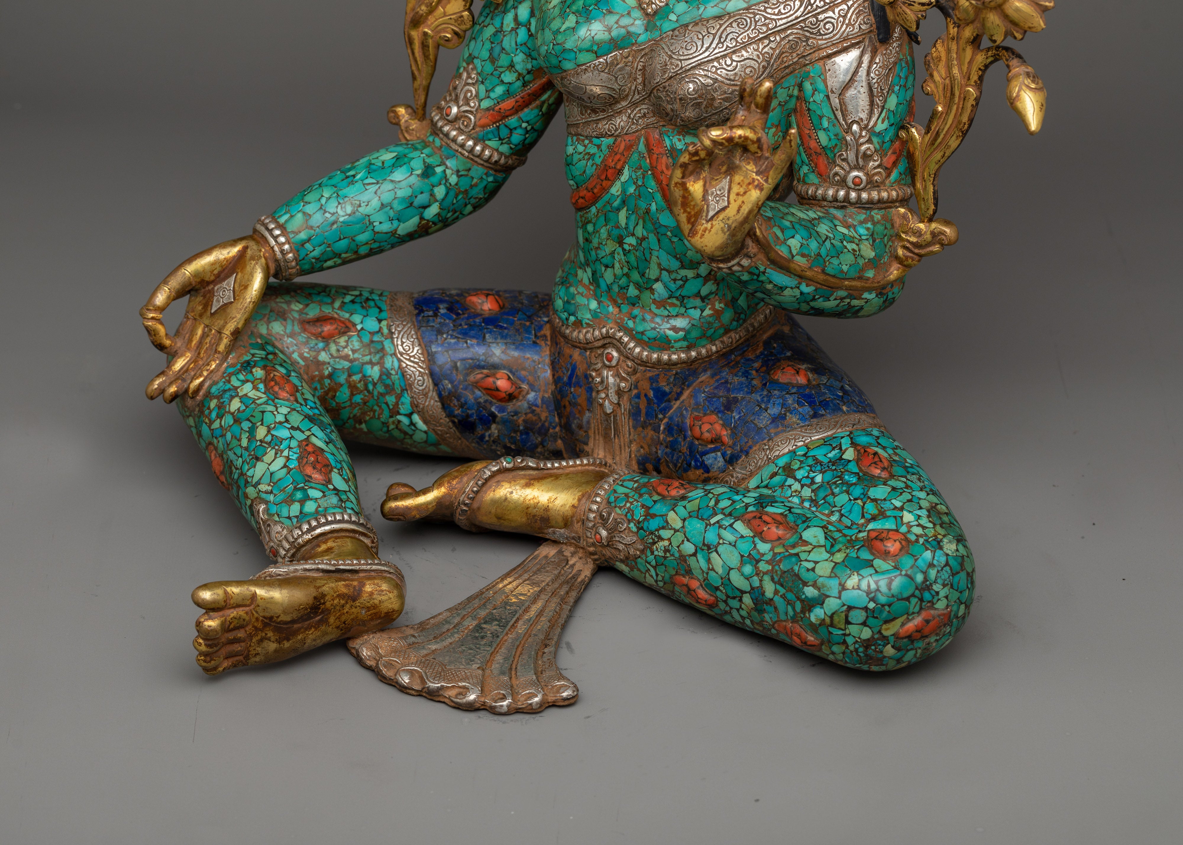 Green Tara Turquoise and Lapis Decorated Statue | A Vision of Compassionate Majesty