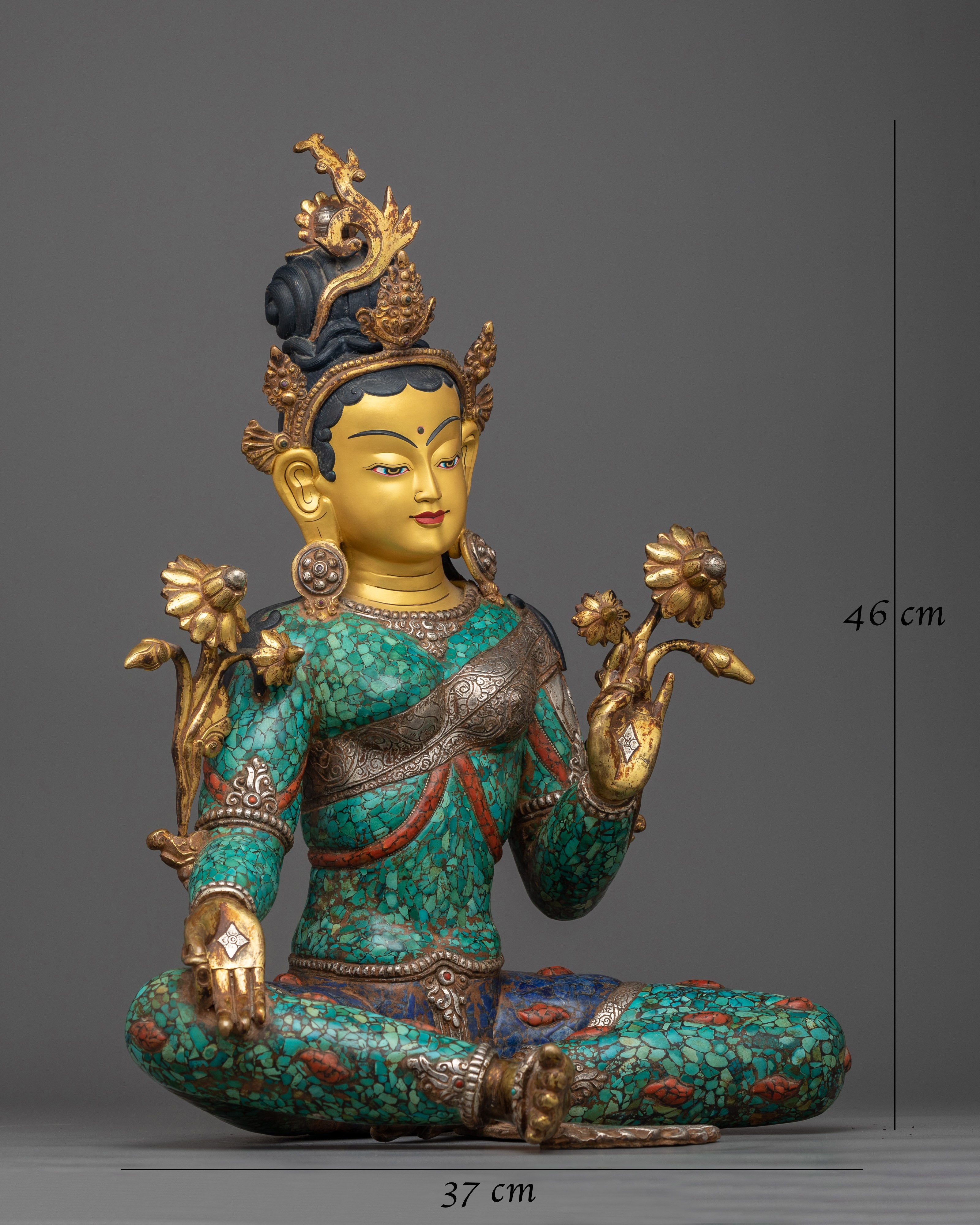 Green Tara Turquoise and Lapis Decorated Statue | A Vision of Compassionate Majesty
