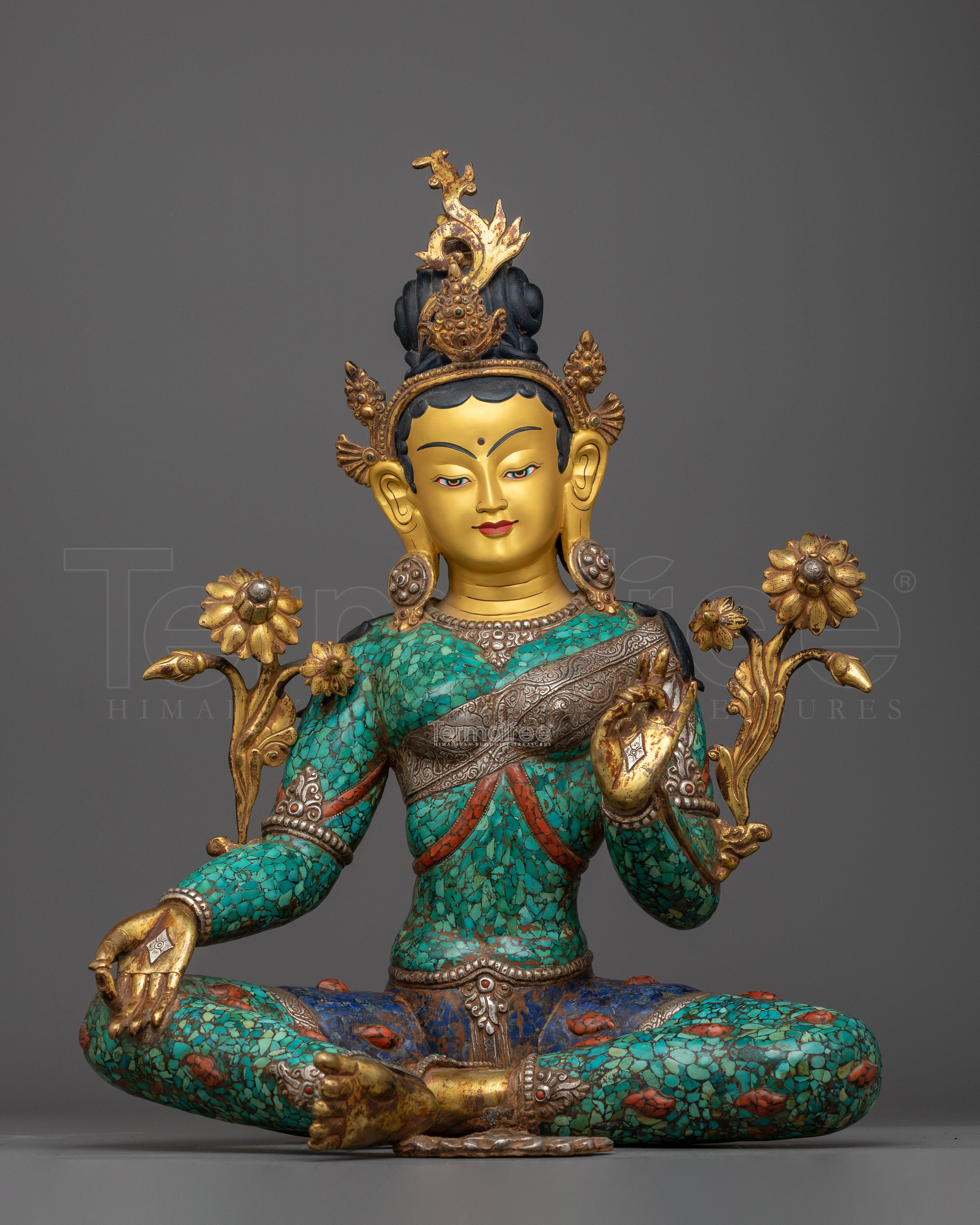 Green Tara Turquoise and Lapis Decorated Statue | A Vision of Compassionate Majesty