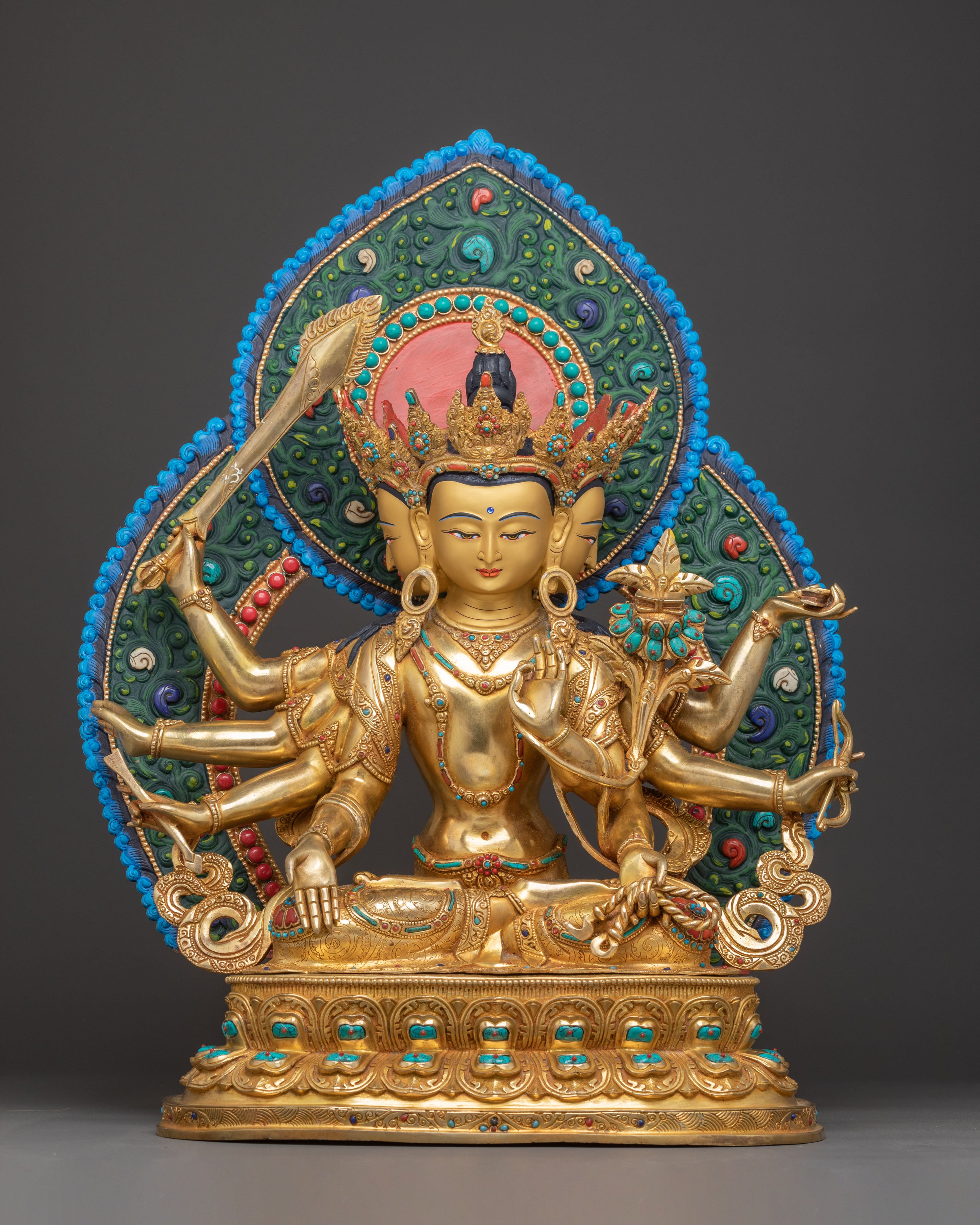 Handcrafted Statue of Wisdom Icon Maha Manjushri | Gold Gilded Copper Sculpture