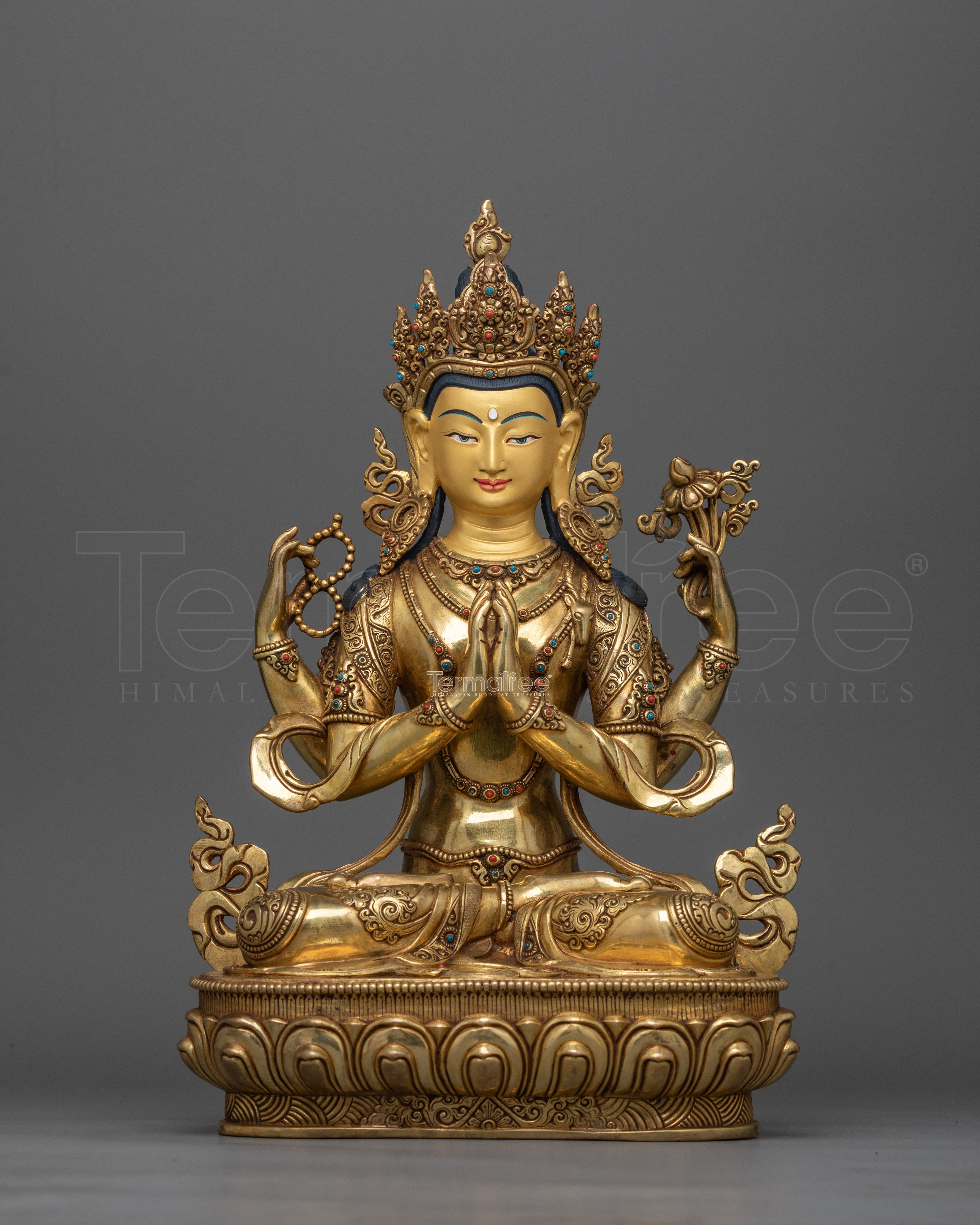 Elegant Chenrezig Gold Gilded Copper Statue | Handcrafted Symbol of Compassion