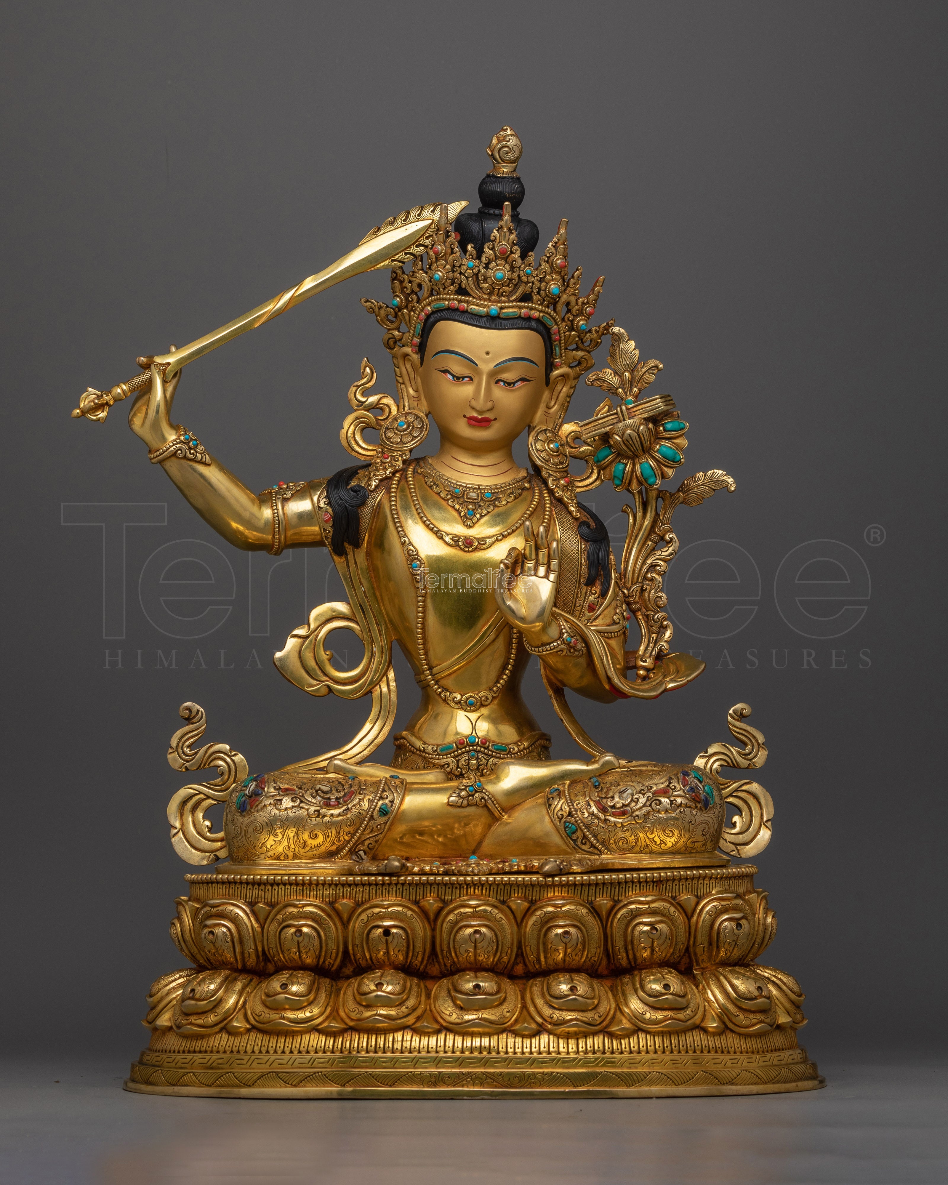 Graceful Manjushri Adorned with Gemstone Statue | Handcrafted Symbol of Wisdom
