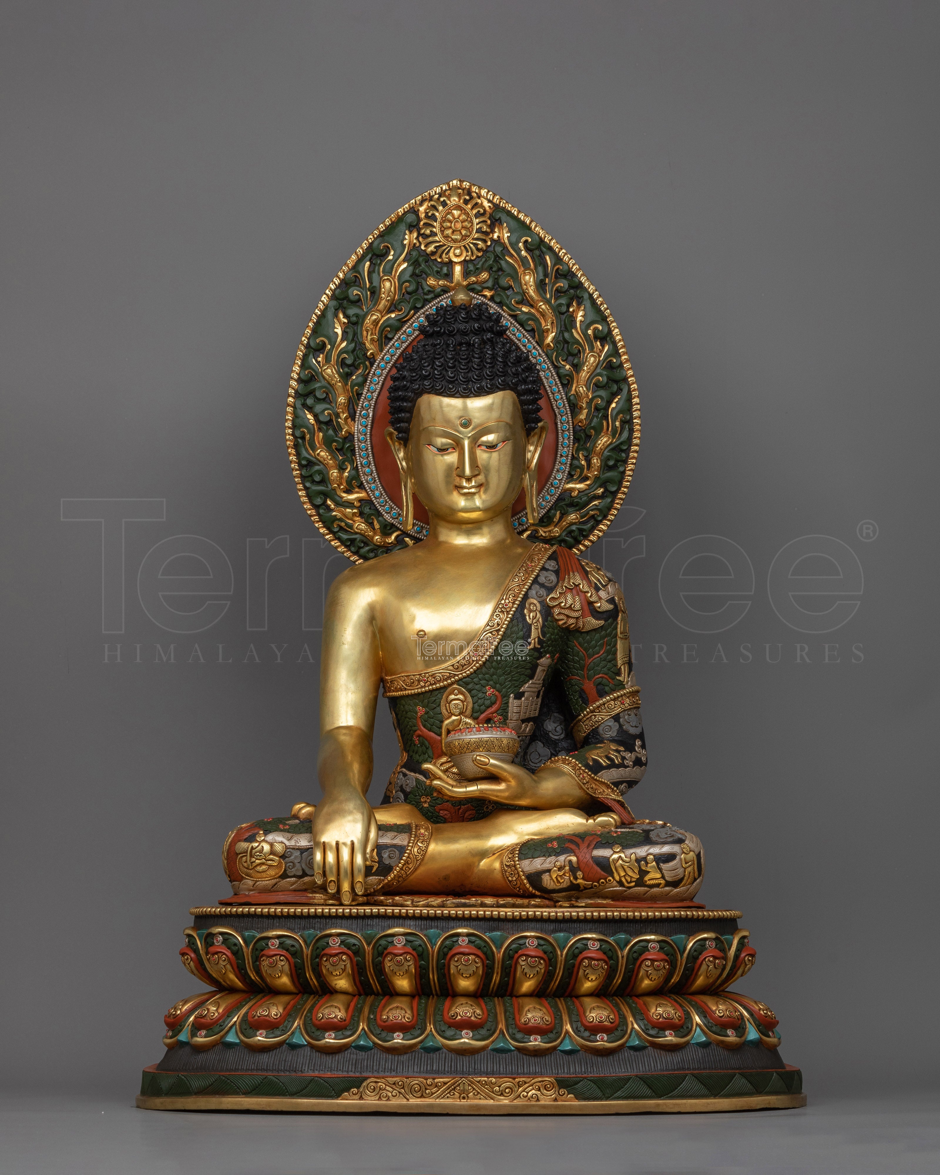 Exquisite Shakyamuni Buddha Green-Red-Colored Statue | A Masterpiece of Spiritual Artistry