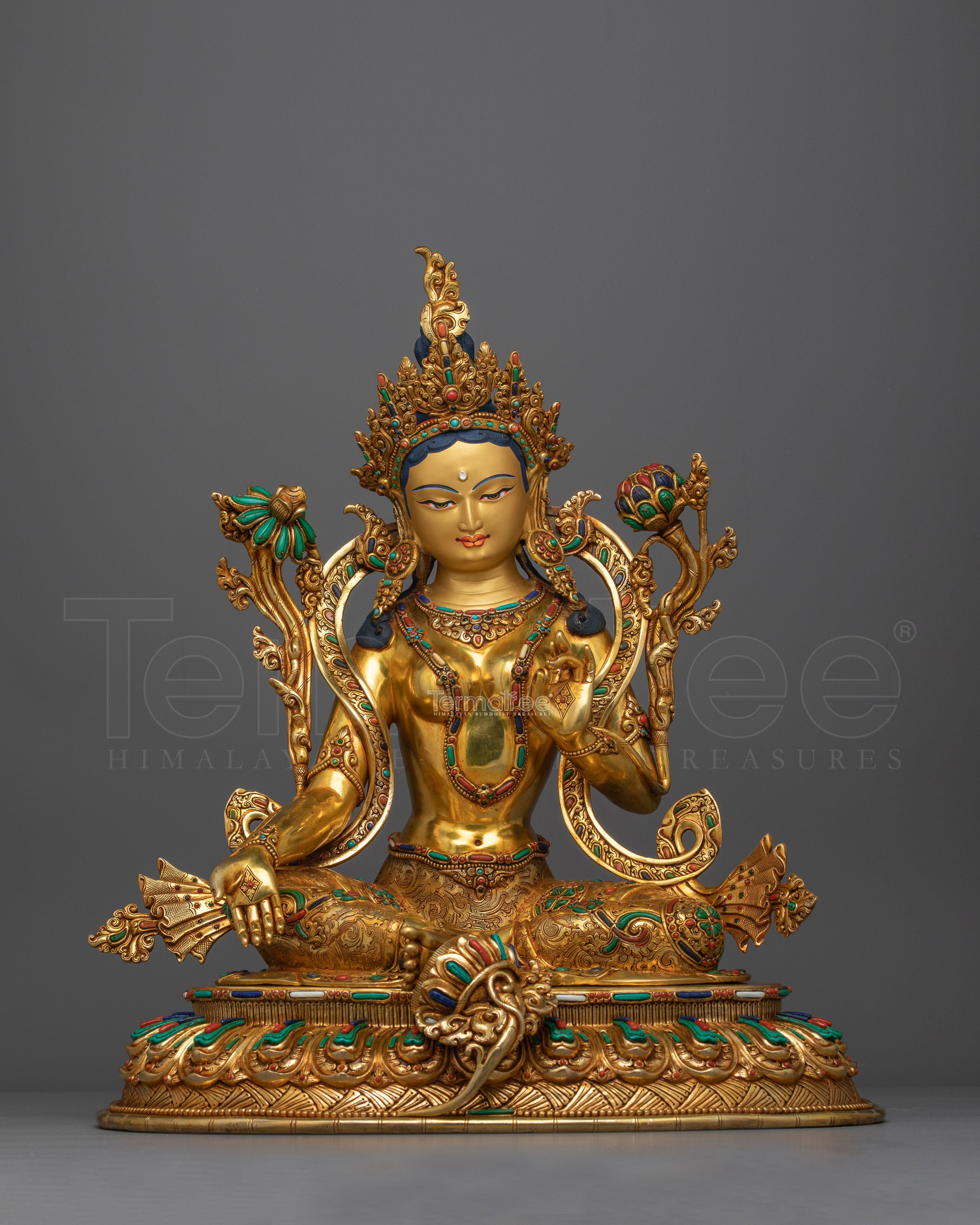 Green Tara Adorned with Hand-Carved Gemstone Statue | Emblem of Liberation and Compassion
