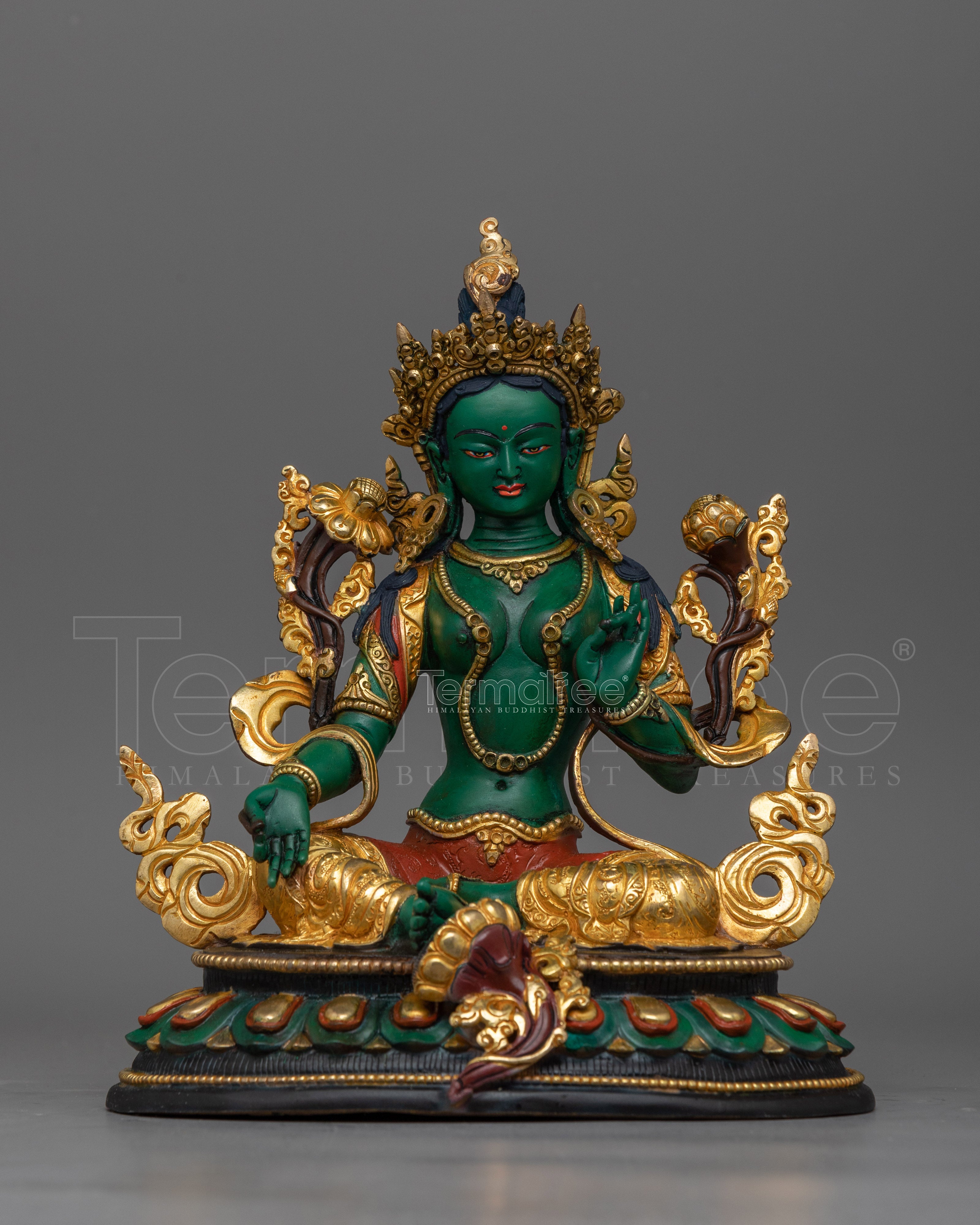 Green Tara Protective Deity on Colored Statue | Beacon of Compassion