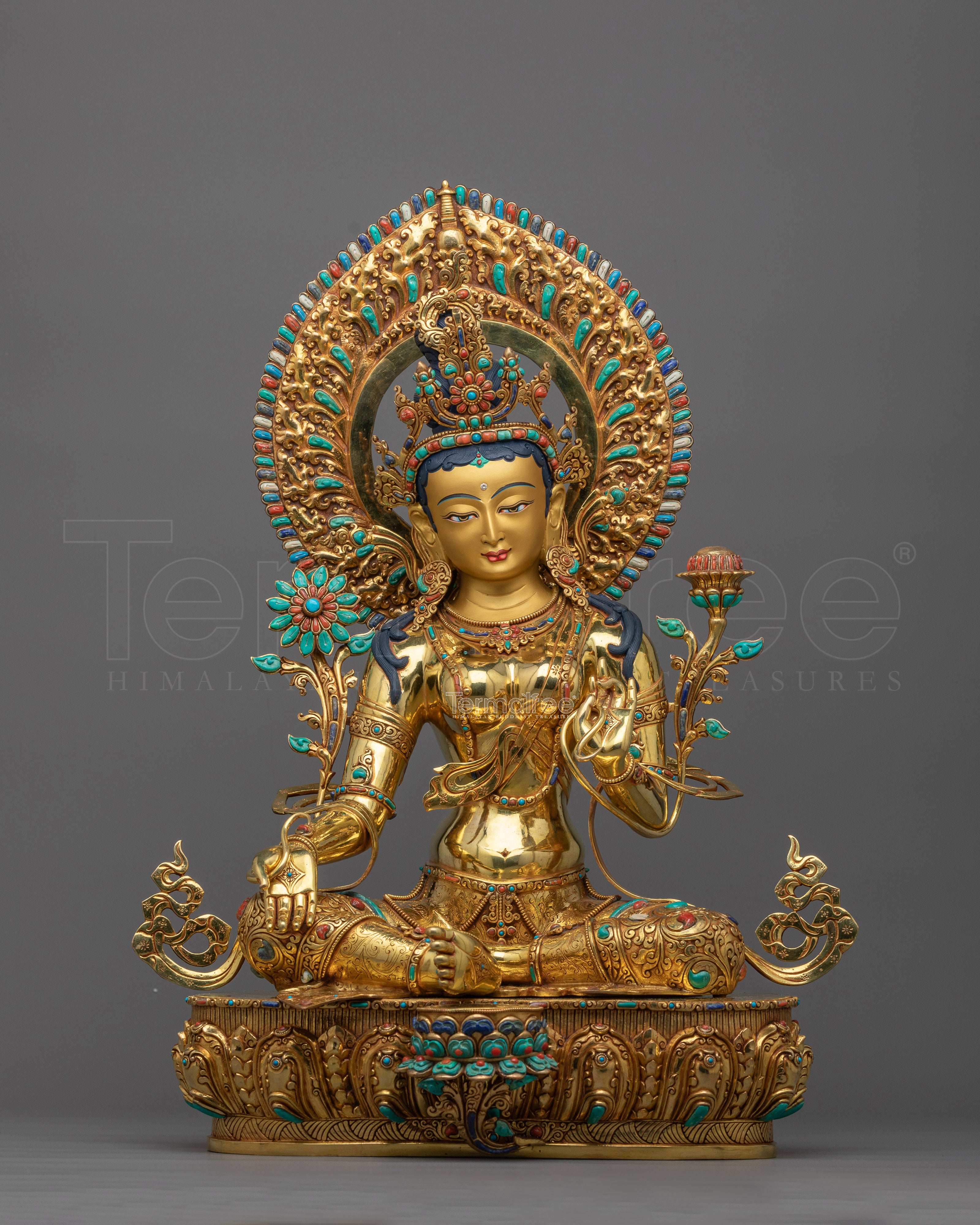 Exquisite Sgrol-ljang Green Tara Statue | 24K Gold Gilded Copper Sculpture