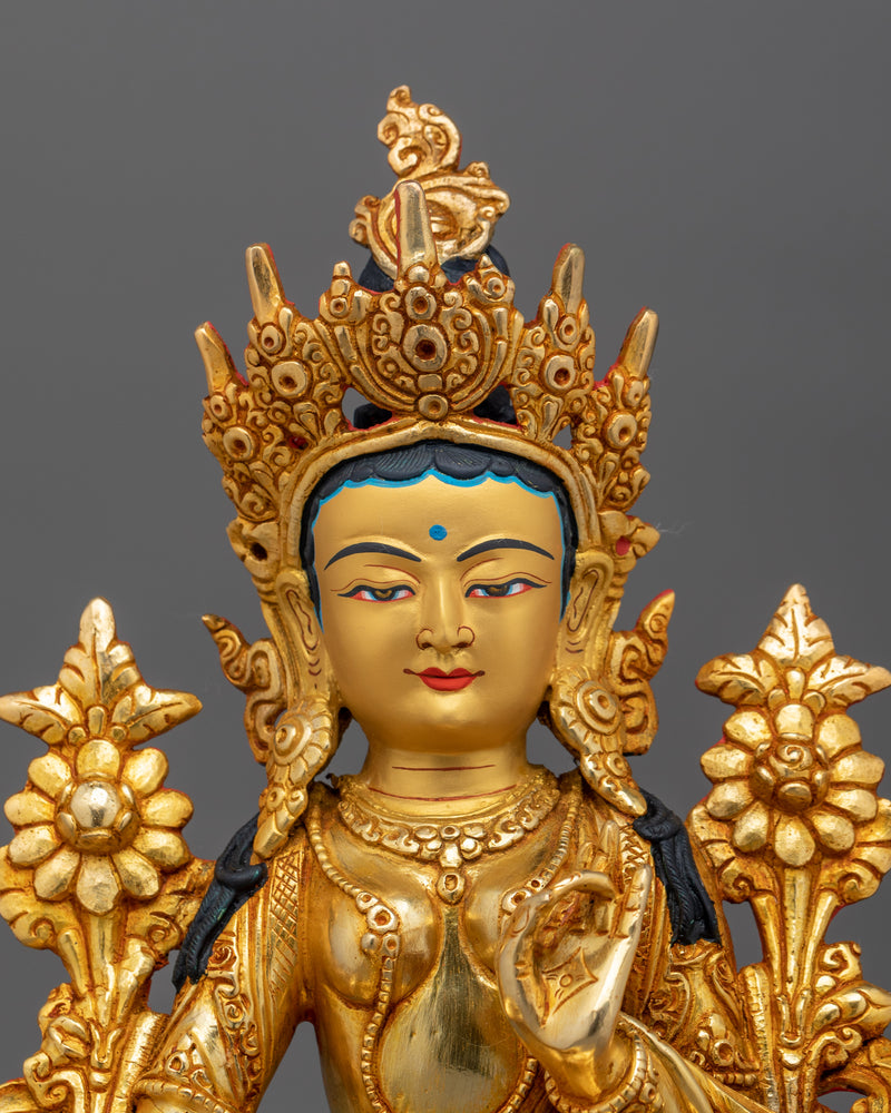 Sacred Green Tara Buddha Statue | 24K Gold Gilded Tibetan Deity for Compassion