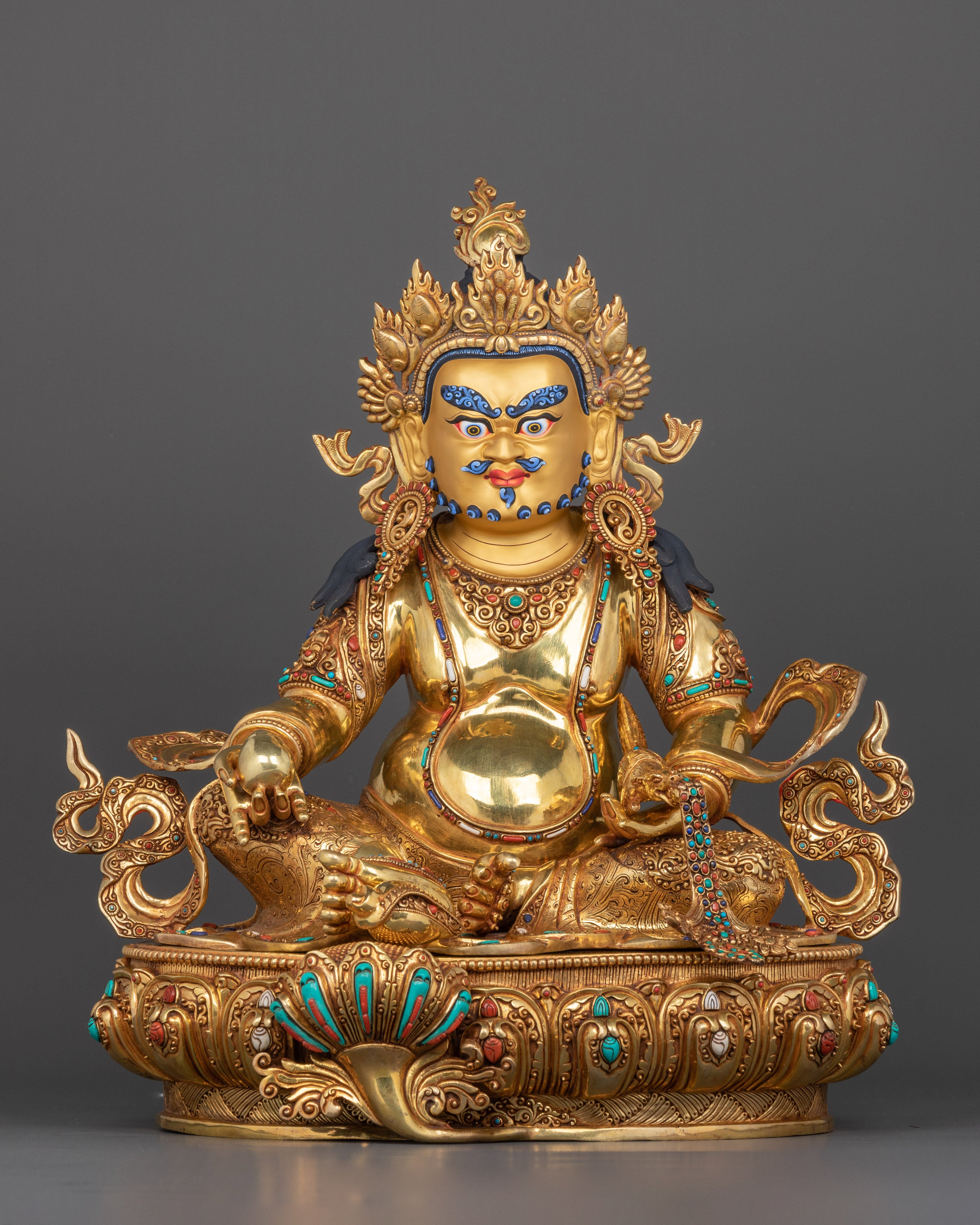 Dzambhala Buddha | 24K Gold Gilded Copper Statue with Hand Carved Gemstones
