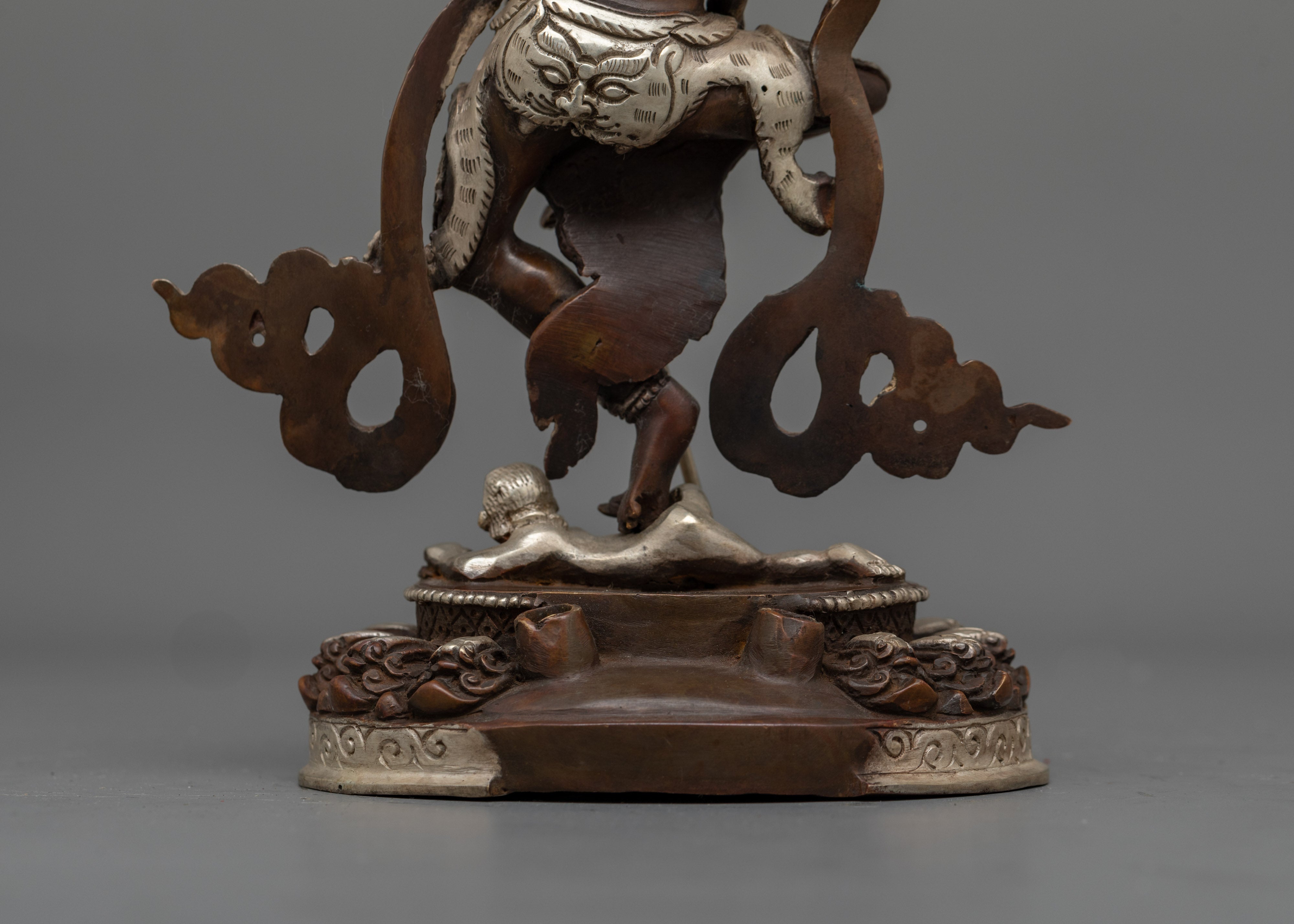 Singhamukha Buddha Statue | Silver-Plated Oxidized Copper Sculpture