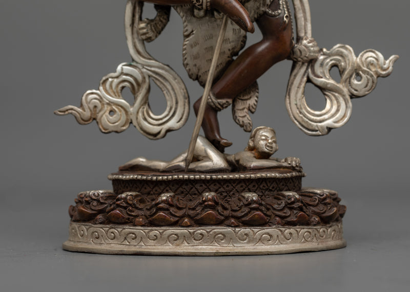 Singhamukha Buddha Statue | Silver-Plated Oxidized Copper Sculpture