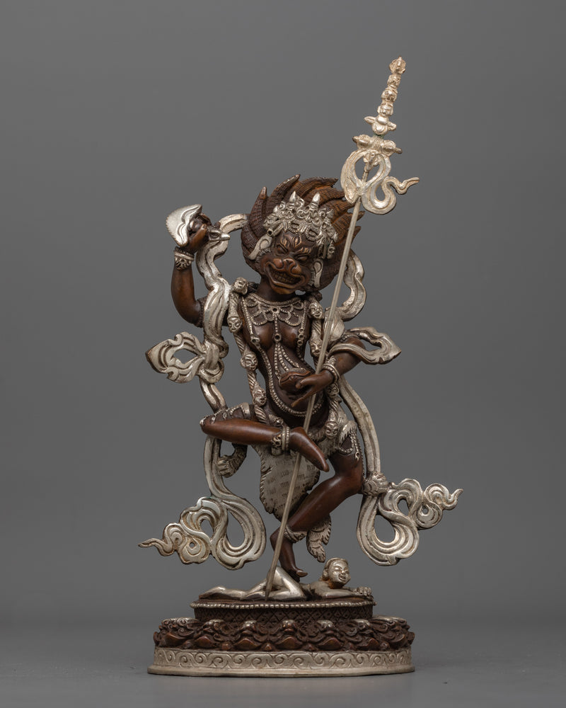 Singhamukha Buddha Statue | Silver-Plated Oxidized Copper Sculpture