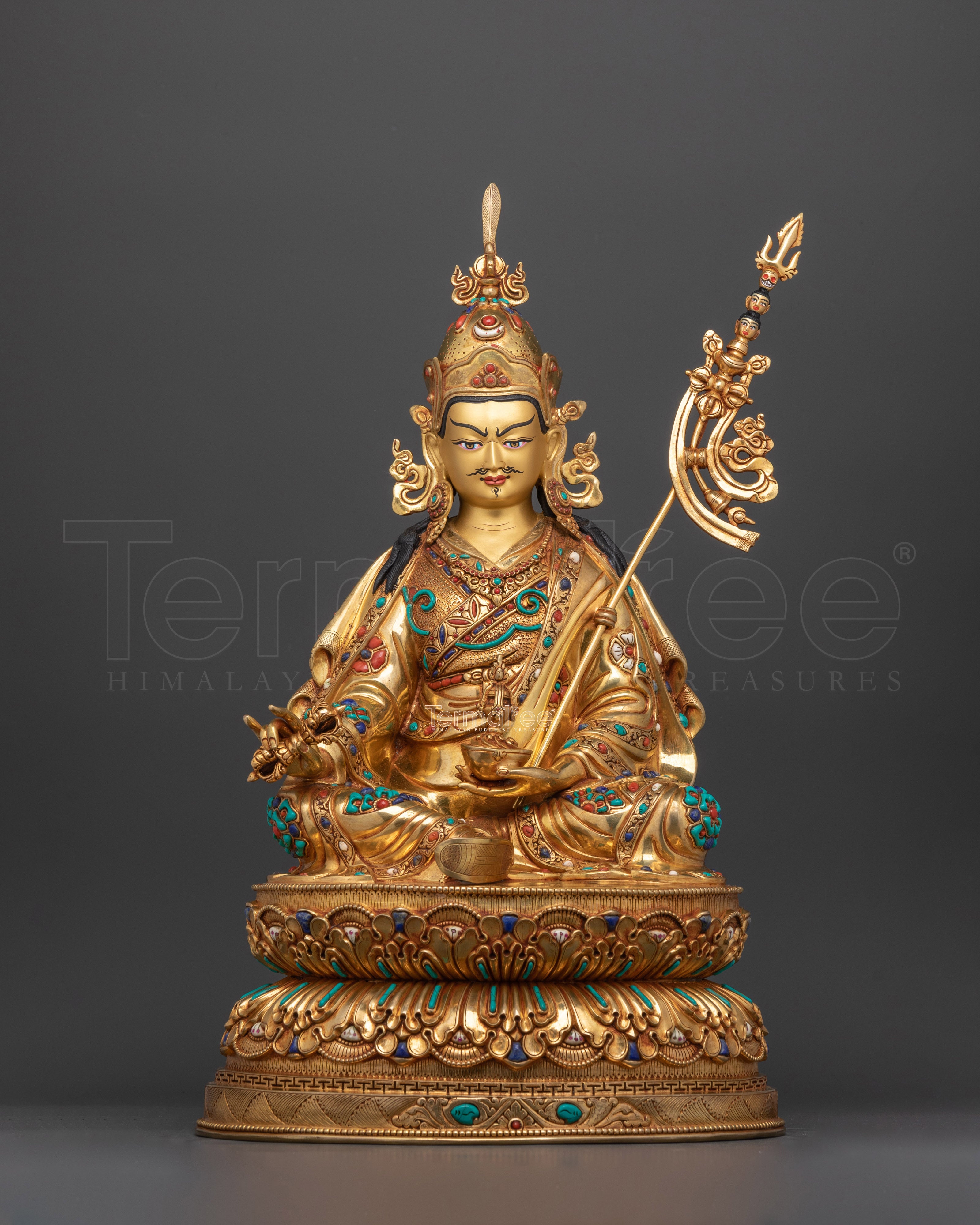 Sacred Guru Rinpoche Statue | Handcrafted 24K Gold Gilded Copper Sculpture