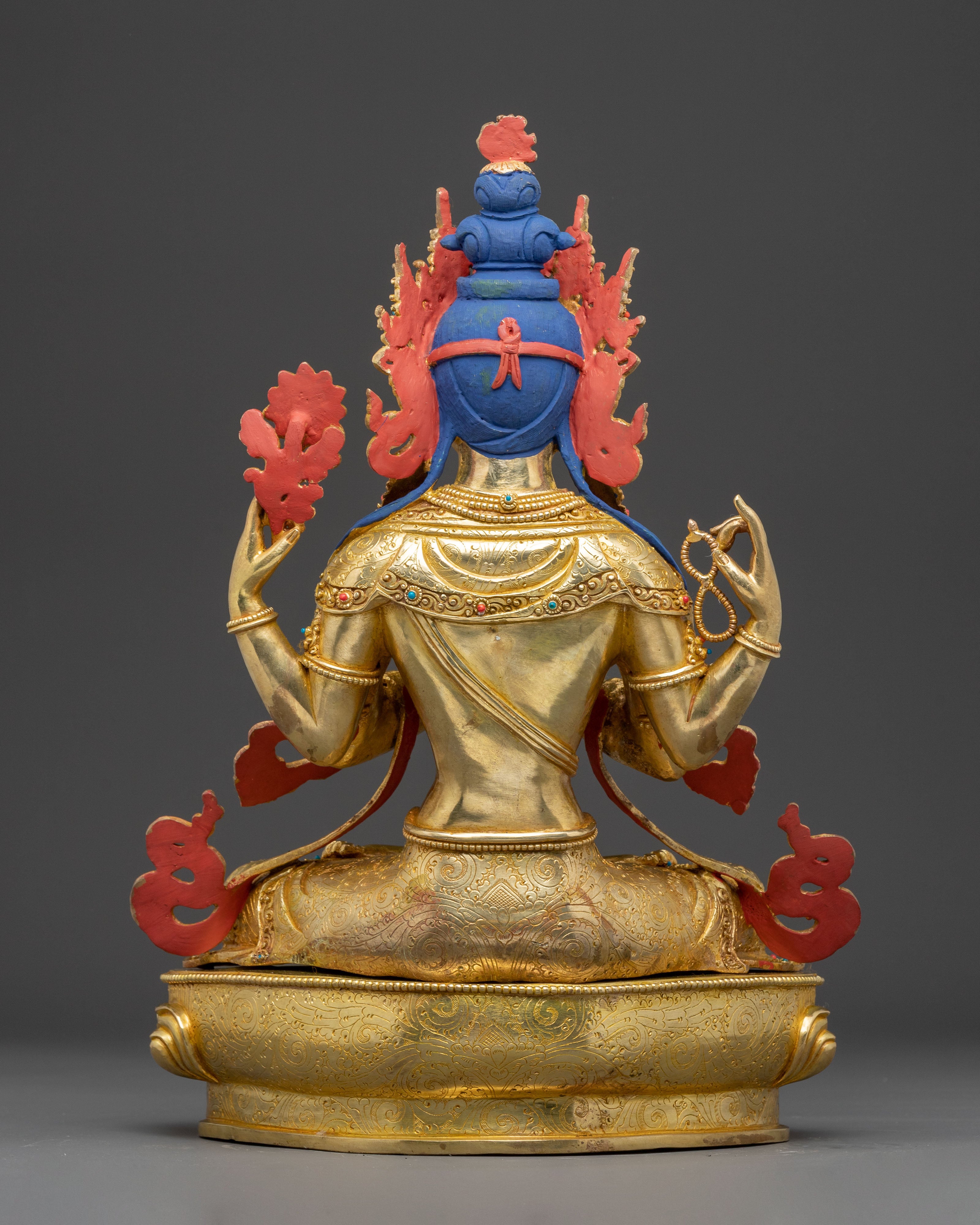 Handcrafted Golden Statue of Four Armed Chenrezig | Bodhisattva of Infinite Compassion