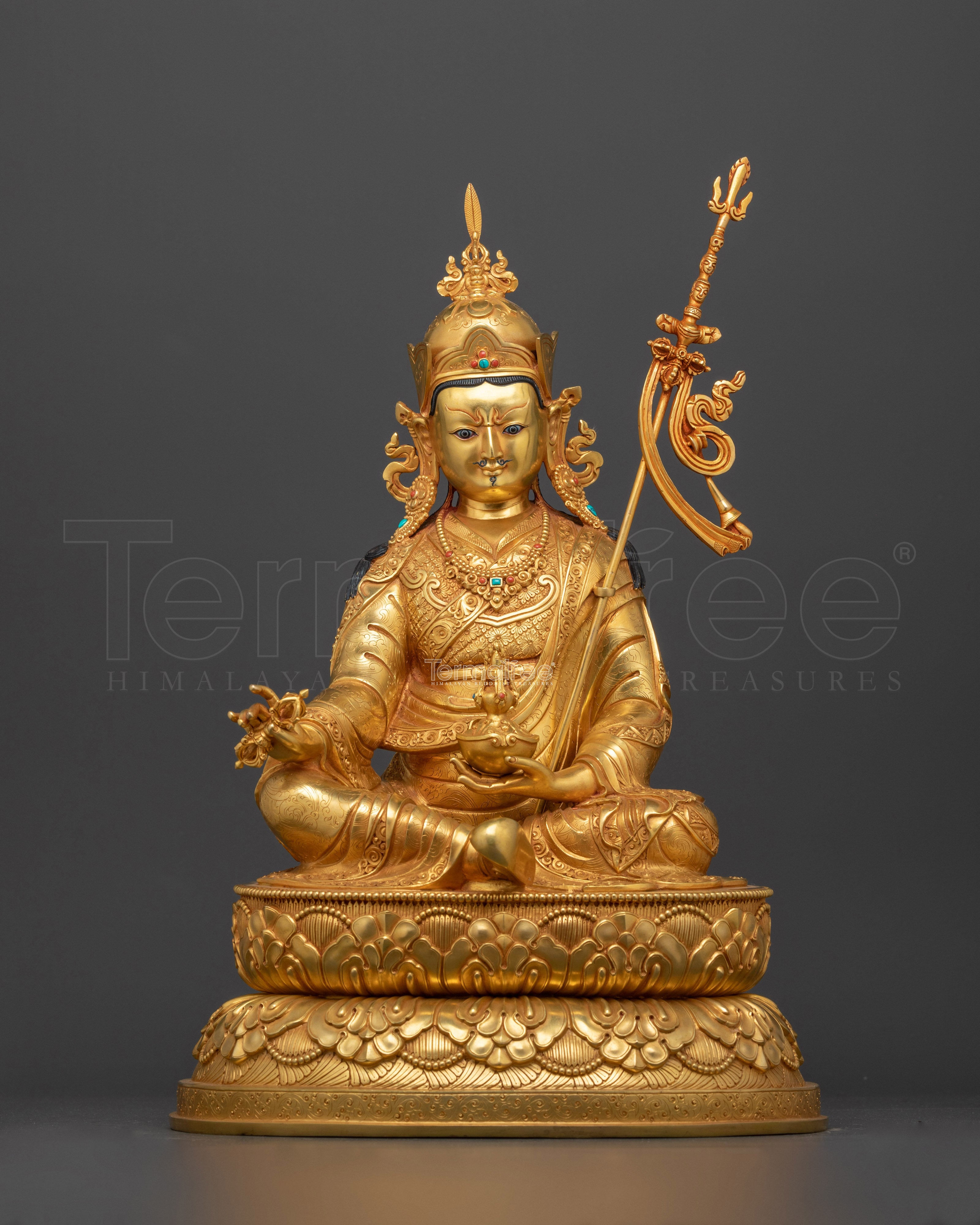 Sacred Guru Rinpoche Statue | 24K Gold Gilded with Hand Carved Gemstones
