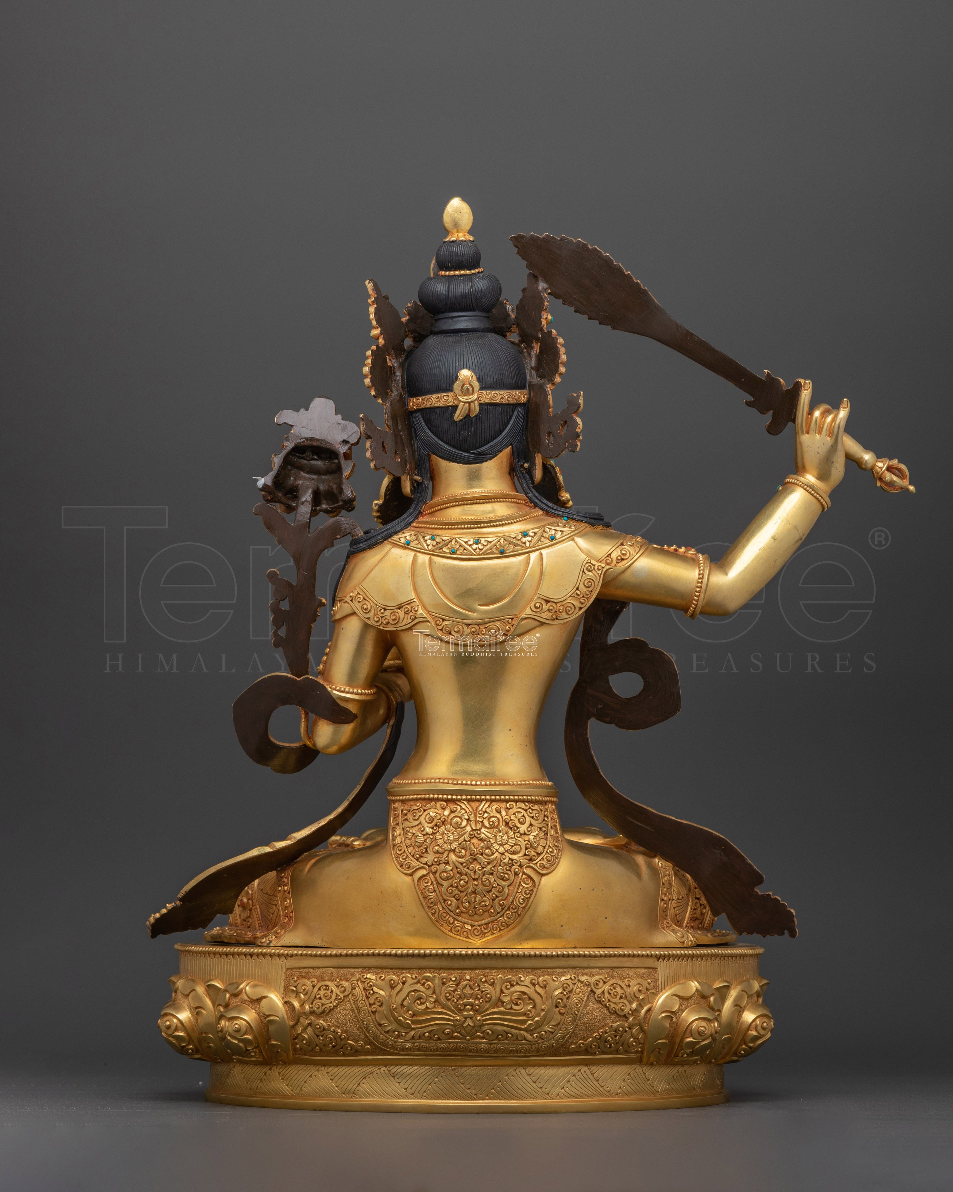 Sacred Manjushri Bodhisattva Statue | 24K Gold Gilded with Hand Carved Gemstones