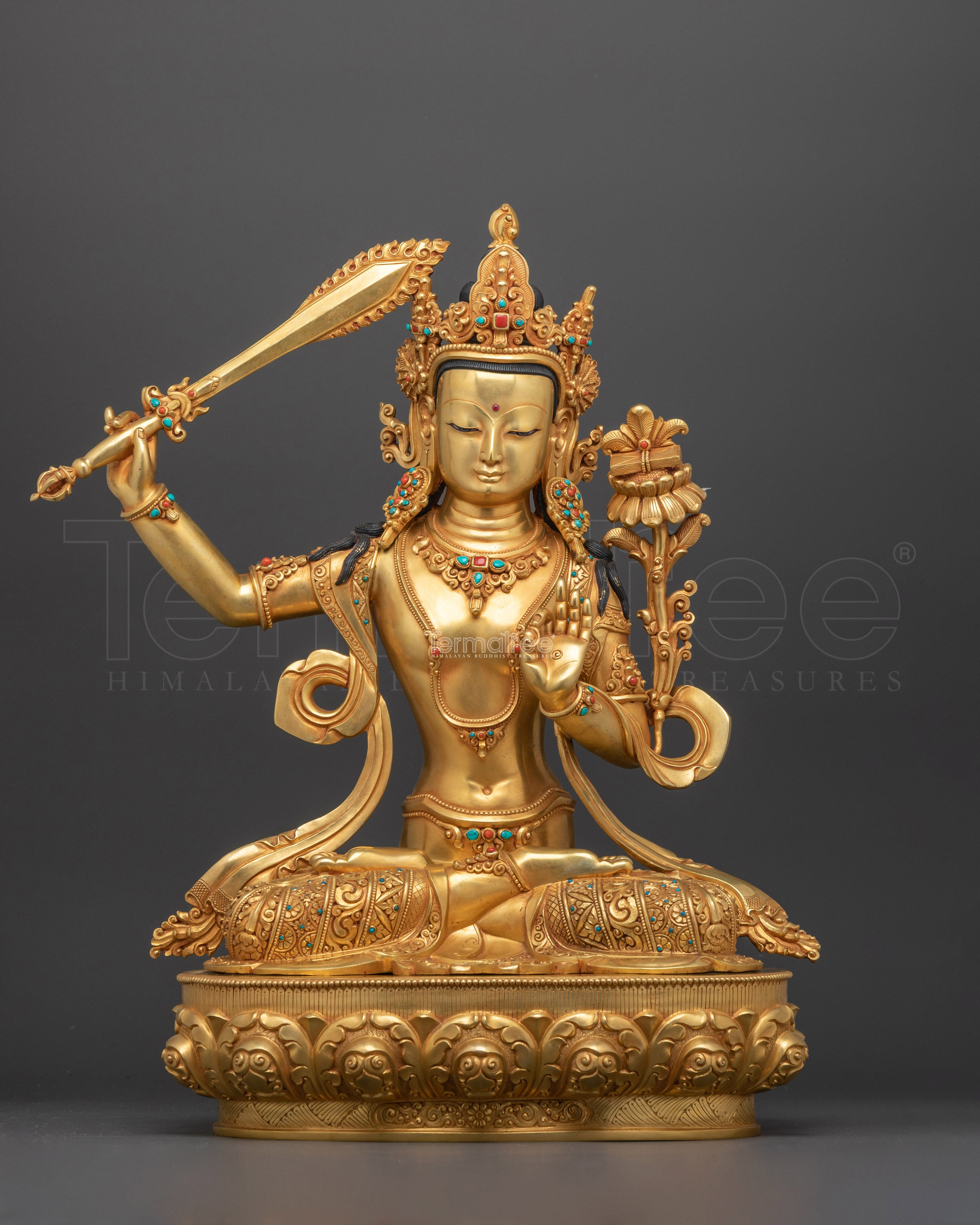 Sacred Manjushri Bodhisattva Statue | 24K Gold Gilded with Hand Carved Gemstones