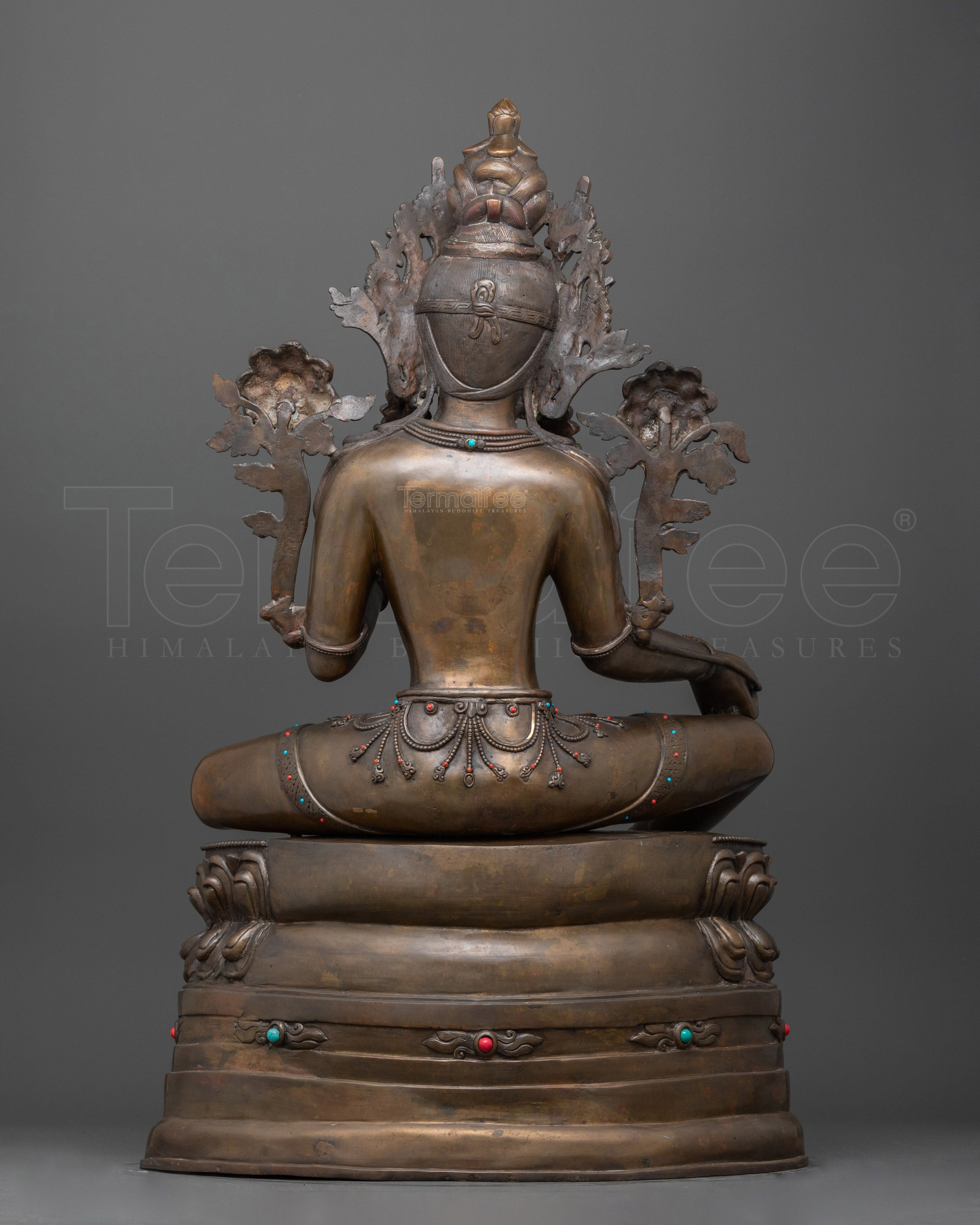 Sacred Green Tara Deity Statue | Hand-Carved Gemstone and Oxidized Copper Masterpiece