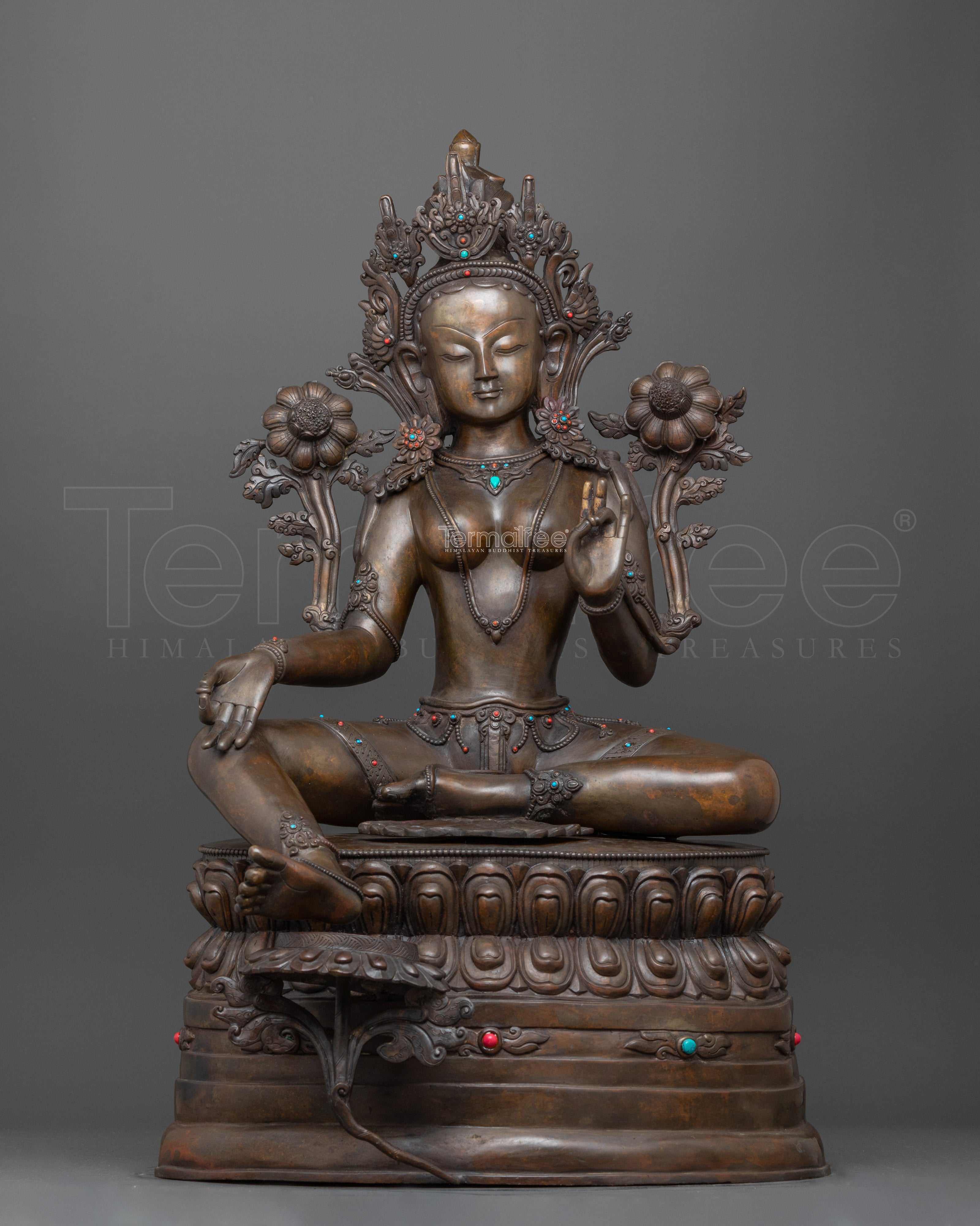 Sacred Green Tara Deity Statue | Hand-Carved Gemstone and Oxidized Copper Masterpiece