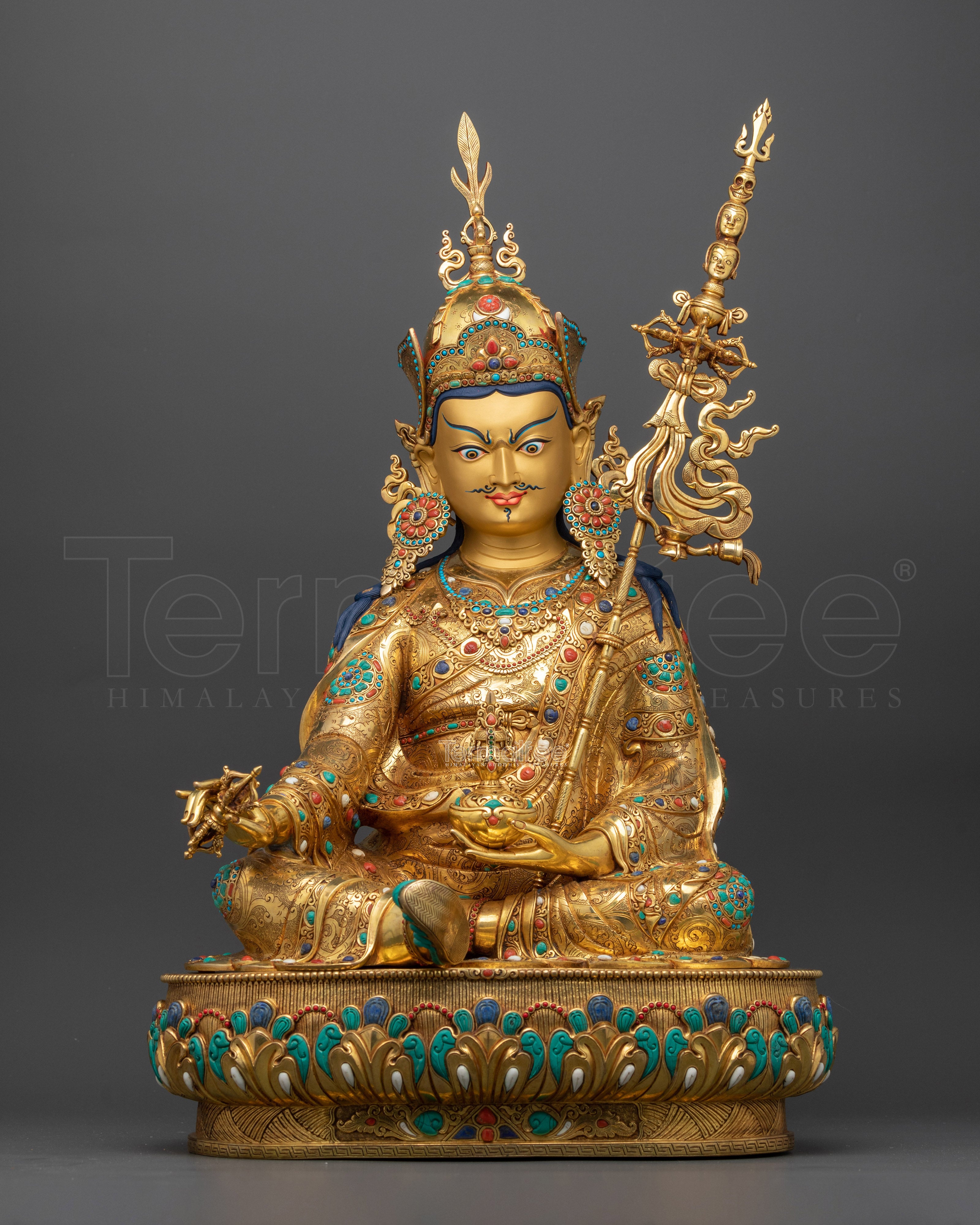 Deva Guru Rinpoche Statue | 24K Gold Gilded Gemstone Copper Masterpiece