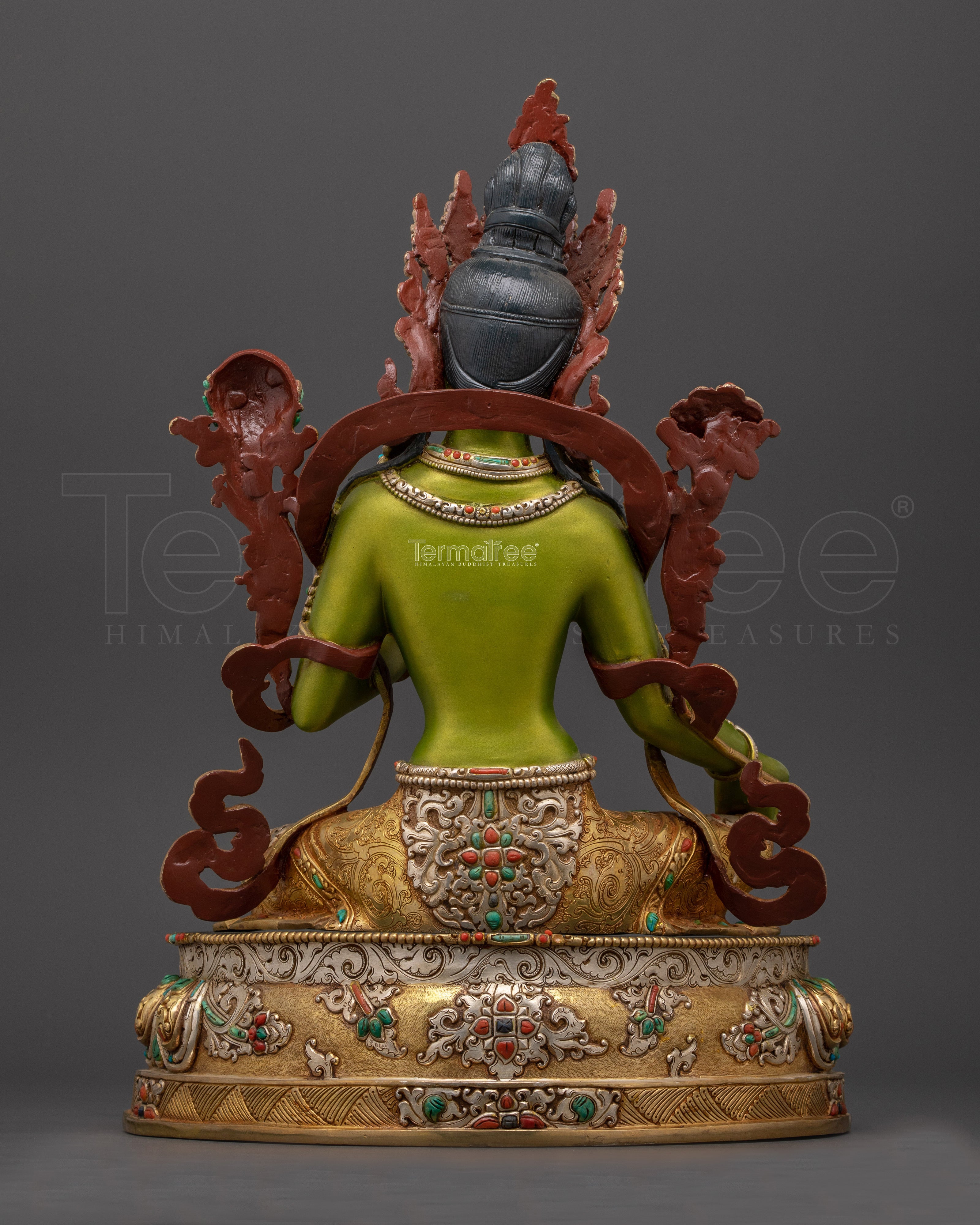 Green Tara for Shrine | 24K Gold Gilded Copper Statue with Gemstones